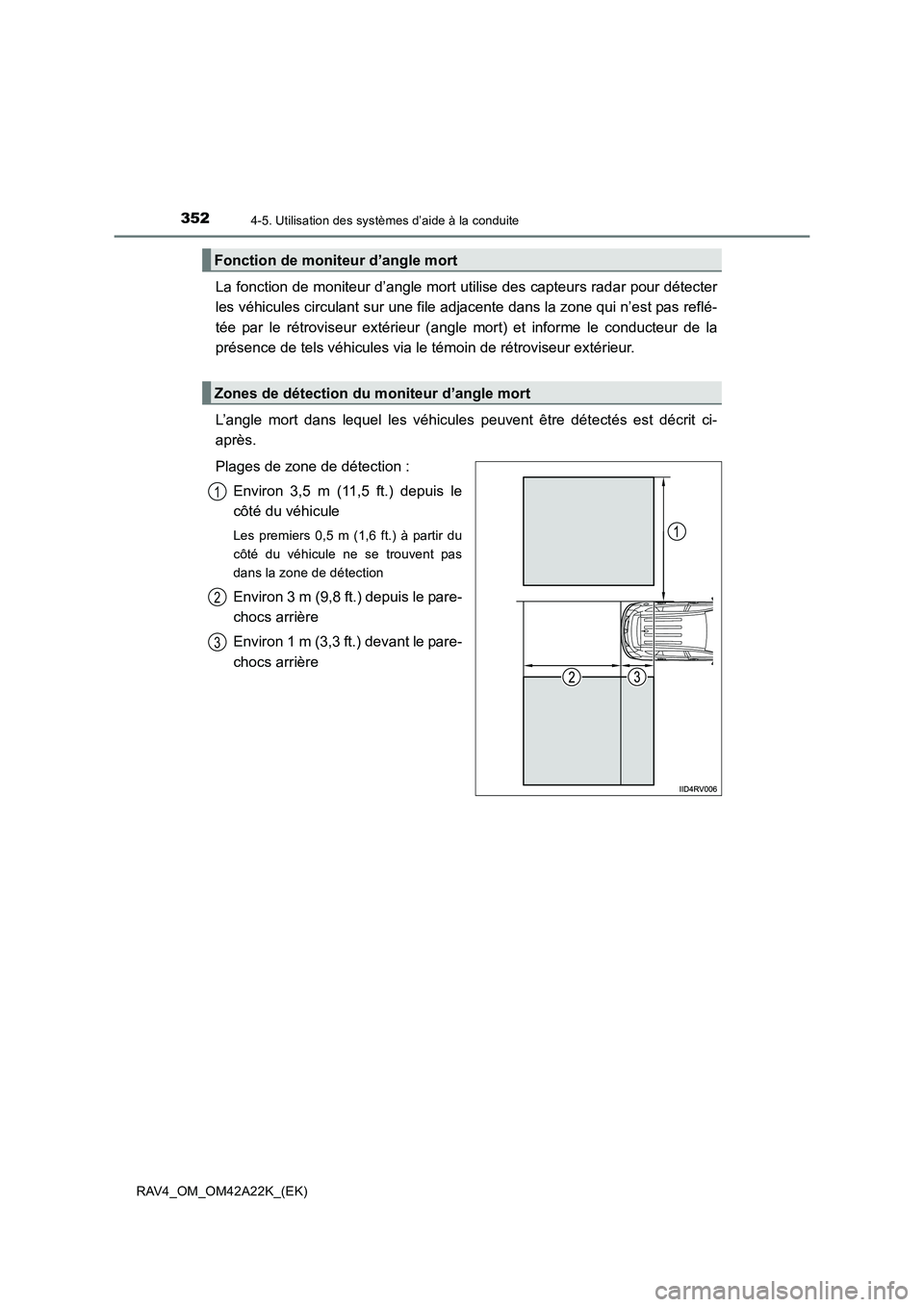 TOYOTA RAV4 2014 Manuel du propriétaire (in French) 3524-5. Utilisation des systèmes d’aide à la conduite
RAV4_OM_OM42A22K_(EK)
La fonction de moniteur d’angle mort utilise des capteurs radar pour détecter
les véhicules circulant sur une file a TOYOTA RAV4 2014 Manuel du propriétaire (in French) 3524-5. Utilisation des systèmes d’aide à la conduite
RAV4_OM_OM42A22K_(EK)
La fonction de moniteur d’angle mort utilise des capteurs radar pour détecter
les véhicules circulant sur une file a