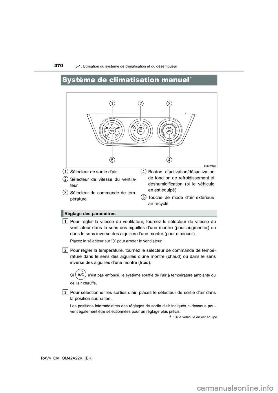 TOYOTA RAV4 2014 Manuel du propriétaire (in French) 3705-1. Utilisation du système de climatisation et du désembueur
RAV4_OM_OM42A22K_(EK)
Système de climatisation manuel∗
Pour régler la vitesse du ventilateur, tournez le sélecteur de vitesse du TOYOTA RAV4 2014 Manuel du propriétaire (in French) 3705-1. Utilisation du système de climatisation et du désembueur
RAV4_OM_OM42A22K_(EK)
Système de climatisation manuel∗
Pour régler la vitesse du ventilateur, tournez le sélecteur de vitesse du
