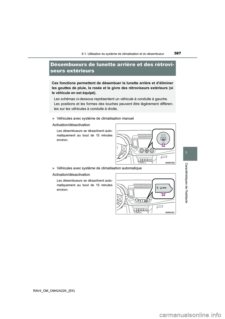 TOYOTA RAV4 2014  Manuel du propriétaire (in French) 387
5
5-1. Utilisation du système de climatisation et du désembueur
Caractéristiques de l’habitacle
RAV4_OM_OM42A22K_(EK)
Désembueurs de lunette arrière et des rétrovi-
seurs extérieurs
�XVé
