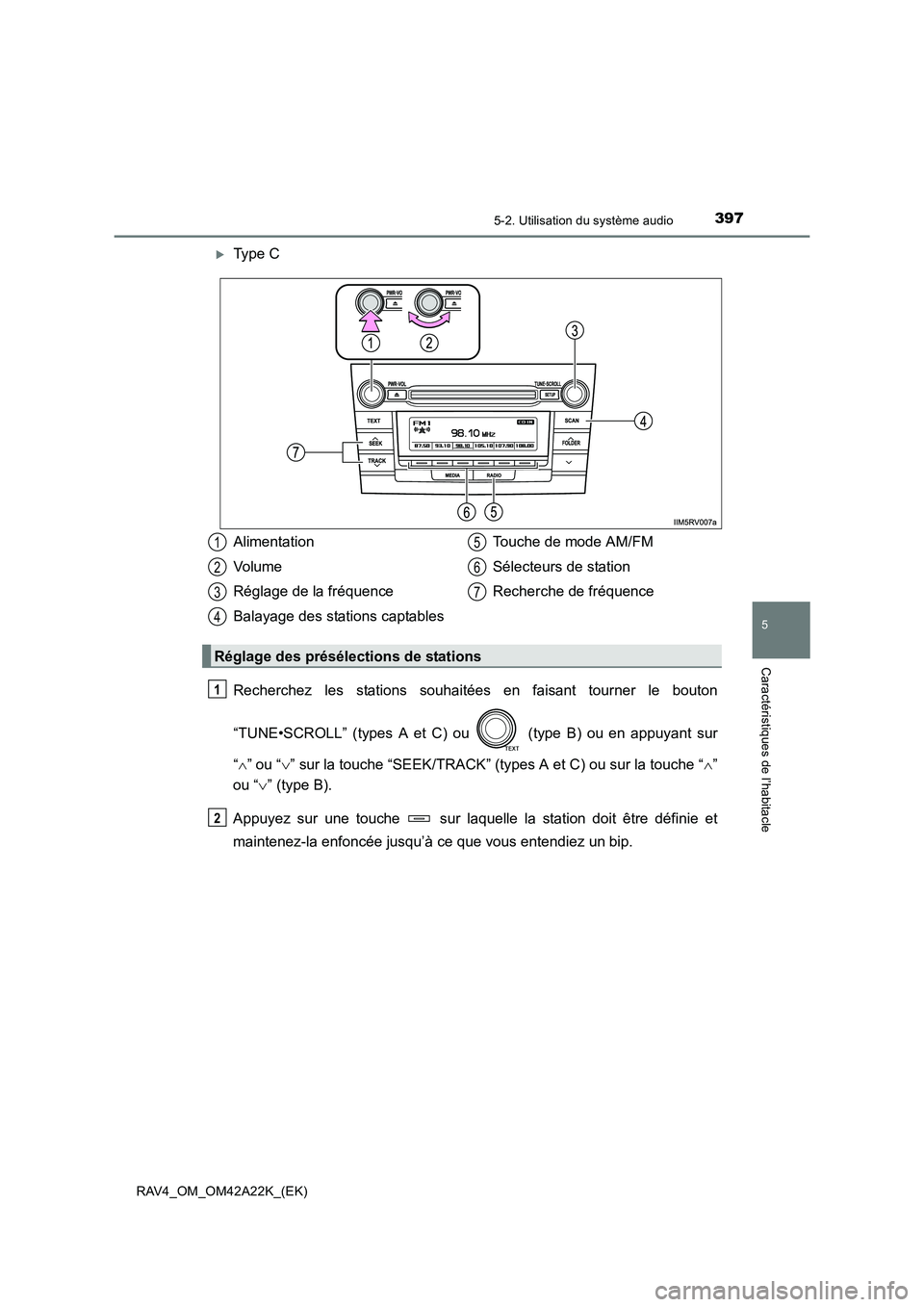 TOYOTA RAV4 2014  Manuel du propriétaire (in French) 3975-2. Utilisation du système audio
5
Caractéristiques de l’habitacle
RAV4_OM_OM42A22K_(EK)
�XType C
Recherchez les stations souhaitées en faisant tourner le bouton
“TUNE•SCROLL” (types A 