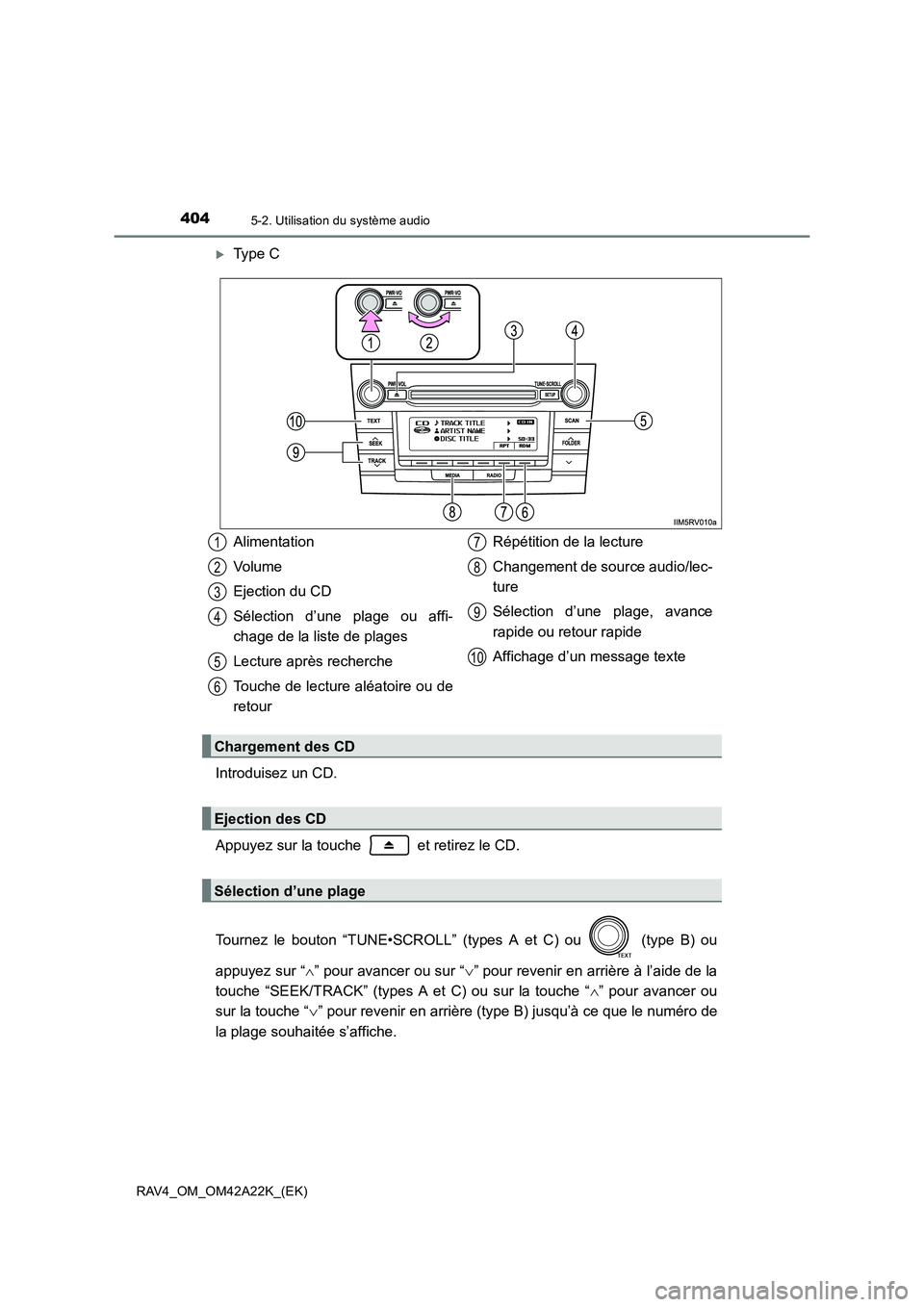 TOYOTA RAV4 2014  Manuel du propriétaire (in French) 4045-2. Utilisation du système audio
RAV4_OM_OM42A22K_(EK)
�XType C
Introduisez un CD.
Appuyez sur la touche   et retirez le CD.
Tournez le bouton “TUNE•SCROLL” (types A et C) ou   (type B) ou
