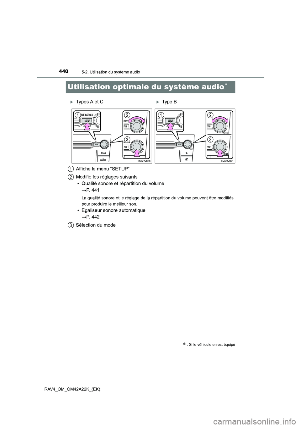 TOYOTA RAV4 2014  Manuel du propriétaire (in French) 4405-2. Utilisation du système audio
RAV4_OM_OM42A22K_(EK)
Utilisation optimale du système audio∗
∗
 : Si le véhicule en est équipé
�XTypes A et C�XType B
Affiche le menu “SETUP”
Modifie 