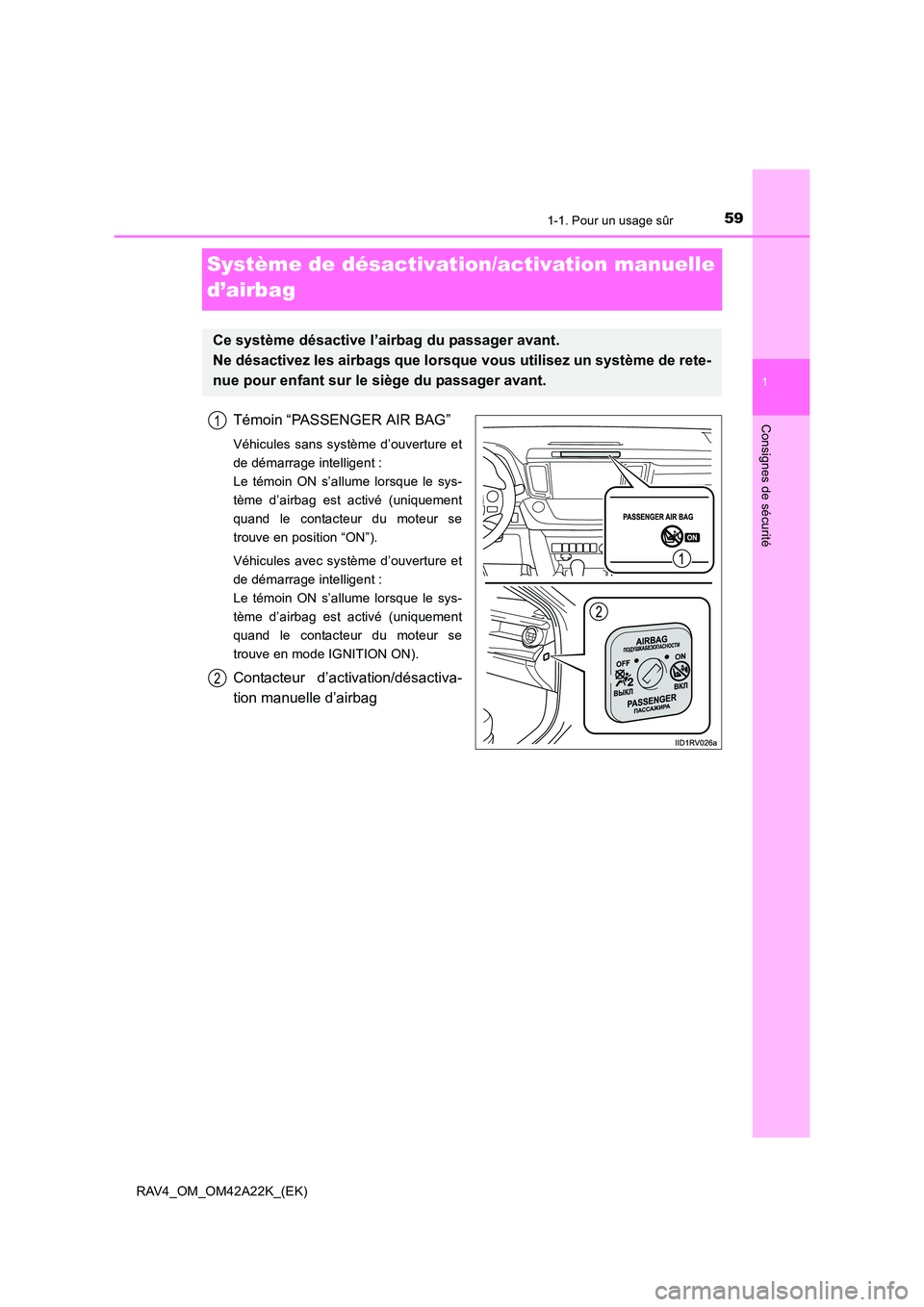 TOYOTA RAV4 2014  Manuel du propriétaire (in French) 591-1. Pour un usage sûr
1
RAV4_OM_OM42A22K_(EK)
Consignes de sécurité
Système de désactivation/activation manuelle 
d’airbag
Témoin “PASSENGER AIR BAG”
Véhicules sans système d’ouvert