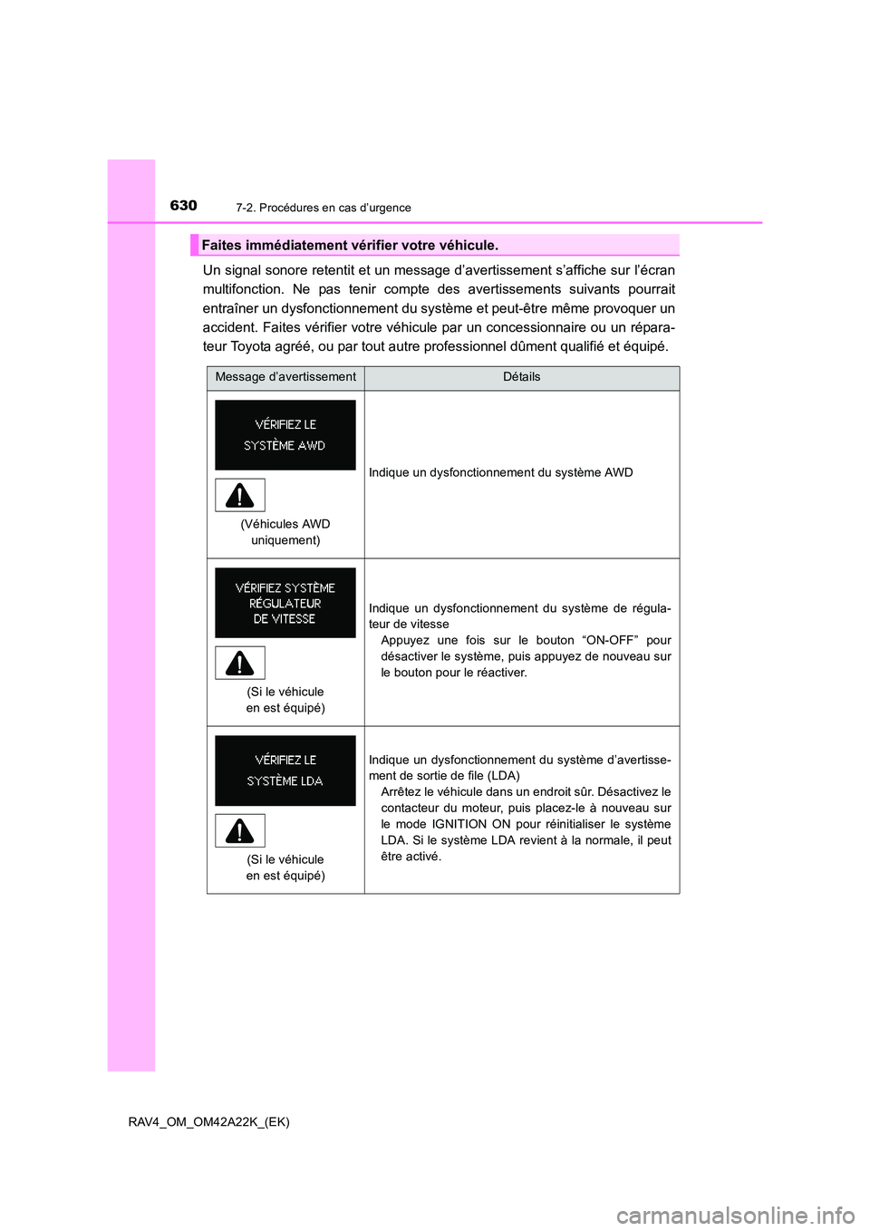 TOYOTA RAV4 2014  Manuel du propriétaire (in French) 6307-2. Procédures en cas d’urgence
RAV4_OM_OM42A22K_(EK)
Un signal sonore retentit et un message d’avertissement s’affiche sur l’écran
multifonction. Ne pas tenir compte des avertissements 