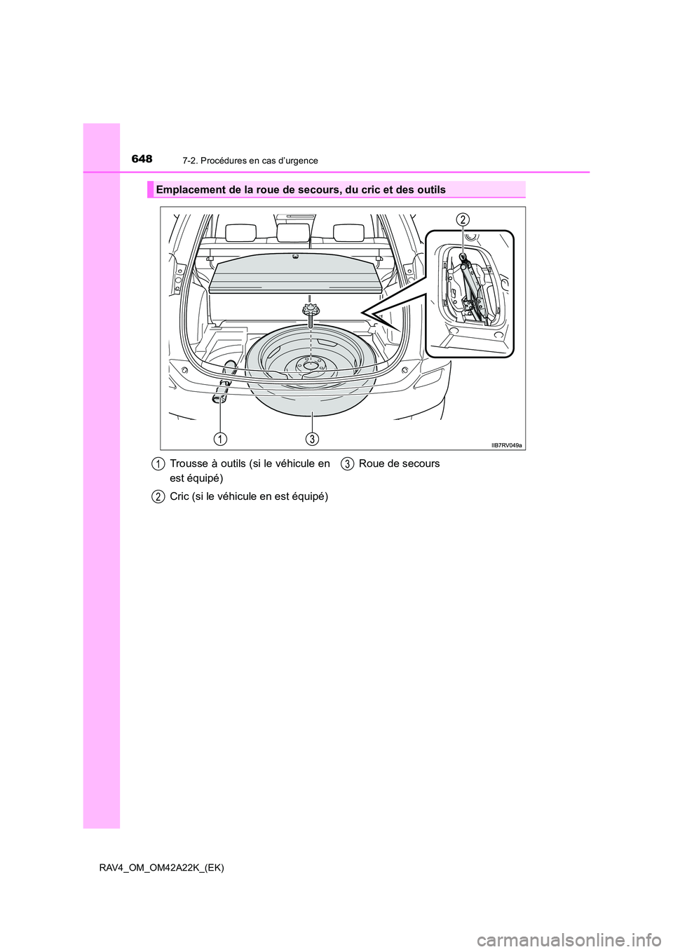 TOYOTA RAV4 2014 Manuel du propriétaire (in French) 6487-2. Procédures en cas d’urgence
RAV4_OM_OM42A22K_(EK)
Emplacement de la roue de secours, du cric et des outils
Trousse à outils (si le véhicule en
est équipé)
Cric (si le véhicule en est TOYOTA RAV4 2014 Manuel du propriétaire (in French) 6487-2. Procédures en cas d’urgence
RAV4_OM_OM42A22K_(EK)
Emplacement de la roue de secours, du cric et des outils
Trousse à outils (si le véhicule en
est équipé)
Cric (si le véhicule en est