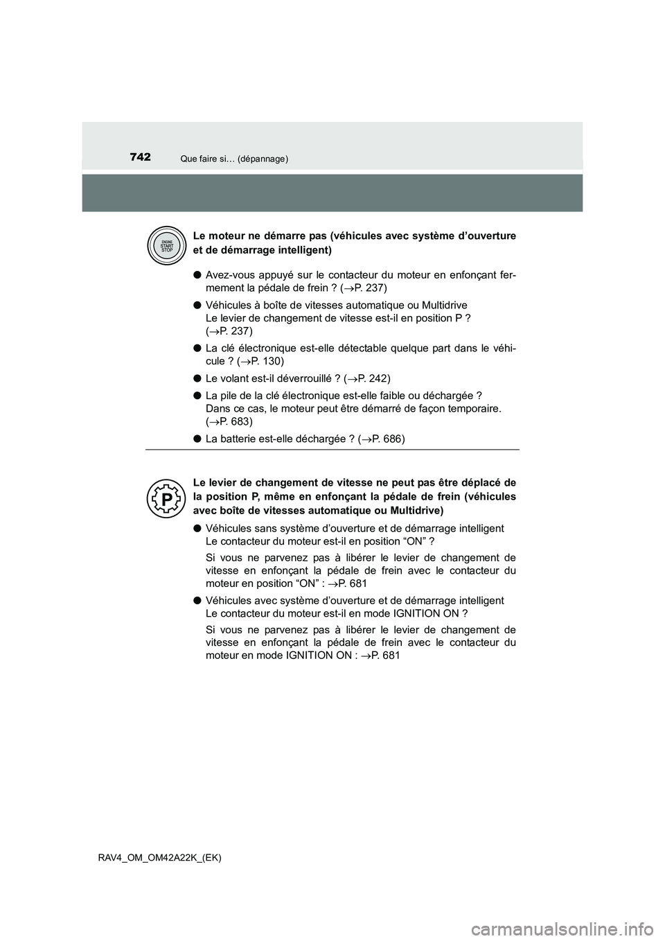 TOYOTA RAV4 2014 Manuel du propriétaire (in French) 742Que faire si… (dépannage)
RAV4_OM_OM42A22K_(EK)
●Avez-vous appuyé sur le contacteur du moteur en enfonçant fer-
mement la pédale de frein ? ( →P. 237)
● Véhicules à boîte de vitesses TOYOTA RAV4 2014 Manuel du propriétaire (in French) 742Que faire si… (dépannage)
RAV4_OM_OM42A22K_(EK)
●Avez-vous appuyé sur le contacteur du moteur en enfonçant fer-
mement la pédale de frein ? ( →P. 237)
● Véhicules à boîte de vitesses