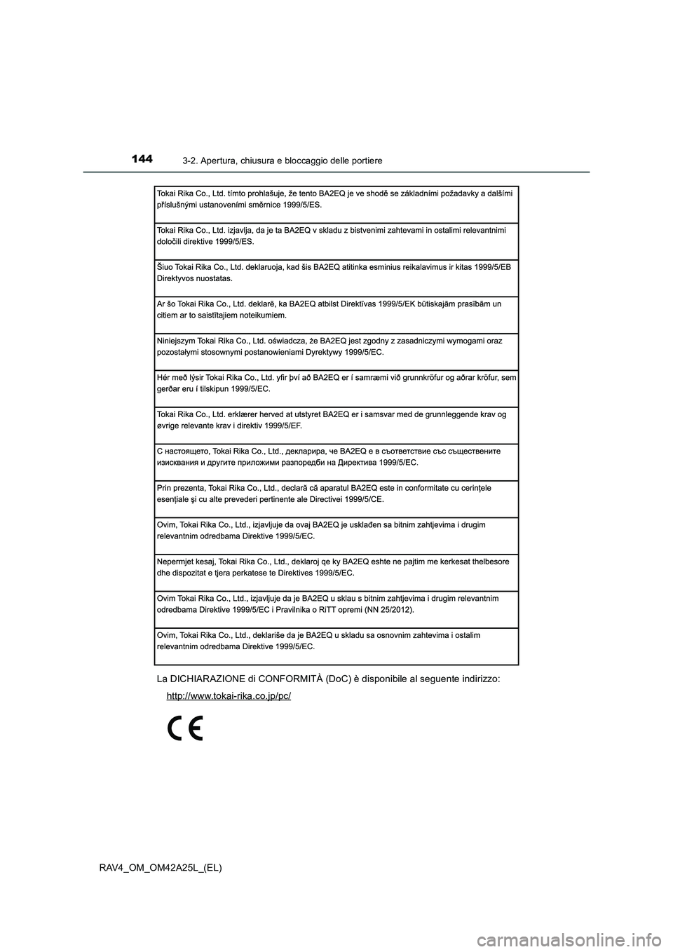 TOYOTA RAV4 2014  Manuale duso (in Italian) 1443-2. Apertura, chiusura e bloccaggio delle portiere
RAV4_OM_OM42A25L_(EL)La DICHIARAZIONE di CONFORMITÀ (DoC) è disponibile al seguente indirizzo:
http://www.tokai-rika.co.jp/pc/ 