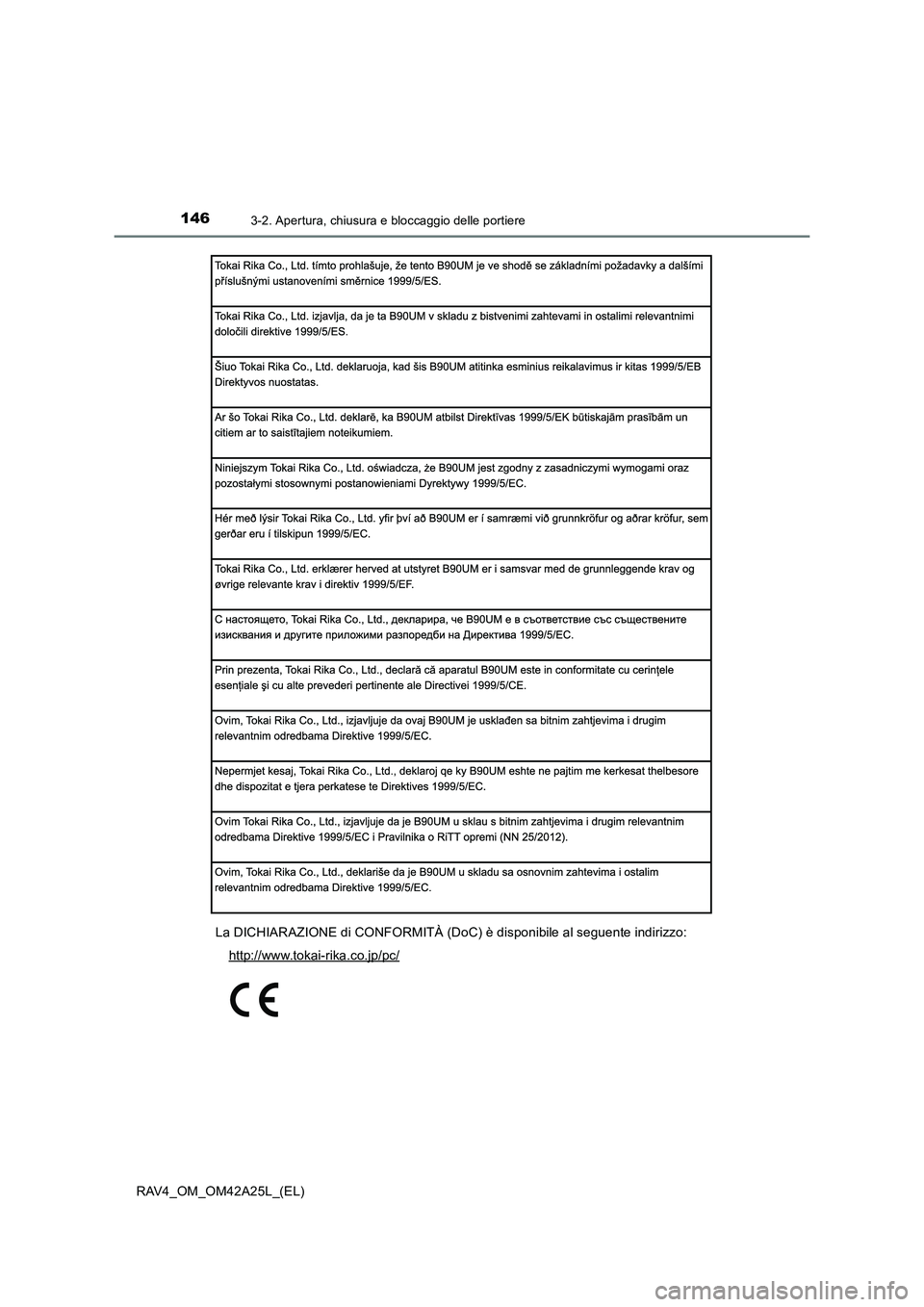 TOYOTA RAV4 2014  Manuale duso (in Italian) 1463-2. Apertura, chiusura e bloccaggio delle portiere
RAV4_OM_OM42A25L_(EL)La DICHIARAZIONE di CONFORMITÀ (DoC) è disponibile al seguente indirizzo:
http://www.tokai-rika.co.jp/pc/ 
