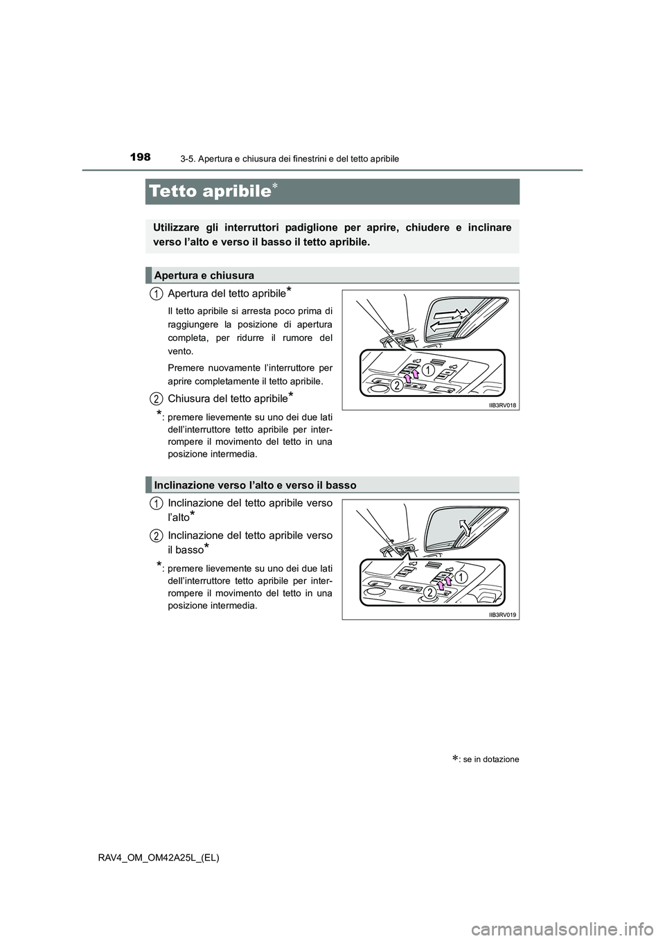 TOYOTA RAV4 2014  Manuale duso (in Italian) 1983-5. Apertura e chiusura dei finestrini e del tetto apribile
RAV4_OM_OM42A25L_(EL)
Tetto apribile∗
Apertura del tetto apribile*
Il tetto apribile si arresta poco prima di
raggiungere la posizione