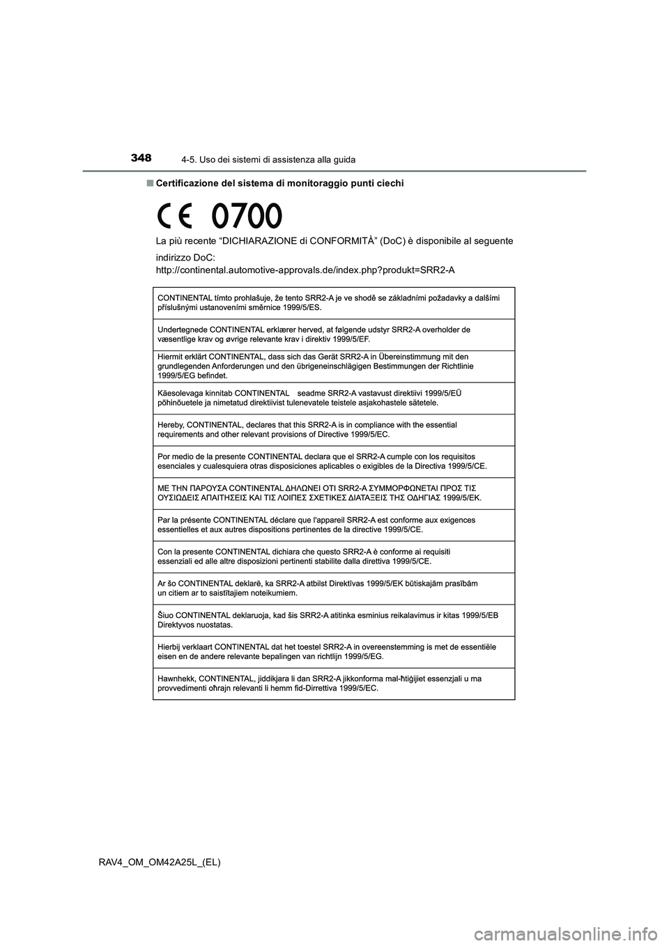 TOYOTA RAV4 2014  Manuale duso (in Italian) 3484-5. Uso dei sistemi di assistenza alla guida
RAV4_OM_OM42A25L_(EL)■
Certificazione del sistema di monitoraggio punti ciechi
La più recente “DICHIARAZIONE di CONFORMITÀ” (DoC) è disponibil