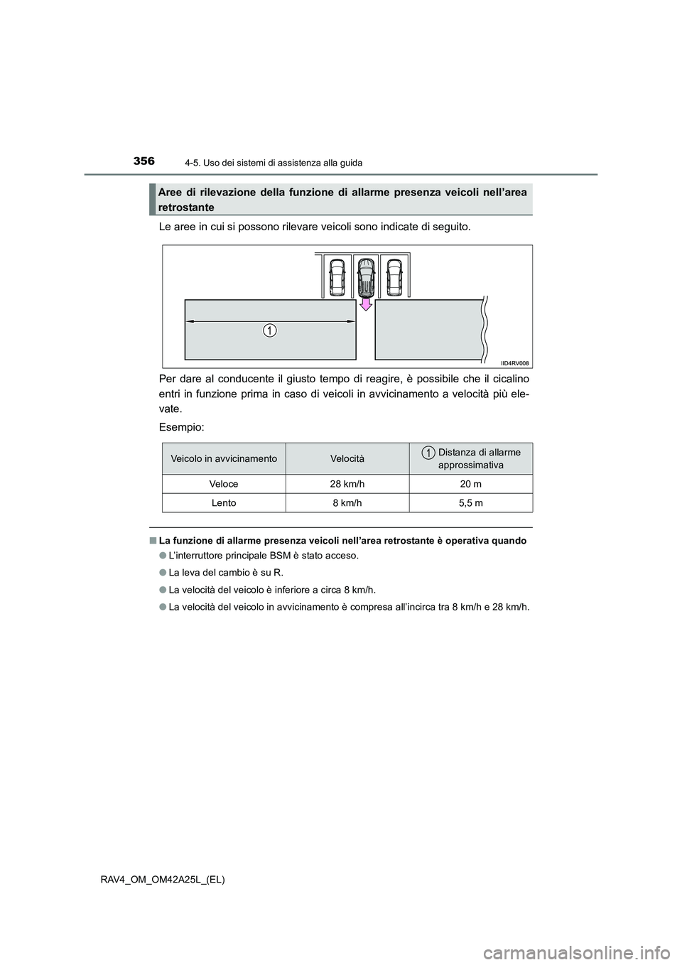 TOYOTA RAV4 2014  Manuale duso (in Italian) 3564-5. Uso dei sistemi di assistenza alla guida
RAV4_OM_OM42A25L_(EL)
Le aree in cui si possono rilevare veicoli sono indicate di seguito.
Per dare al conducente il giusto tempo di reagire, è possib