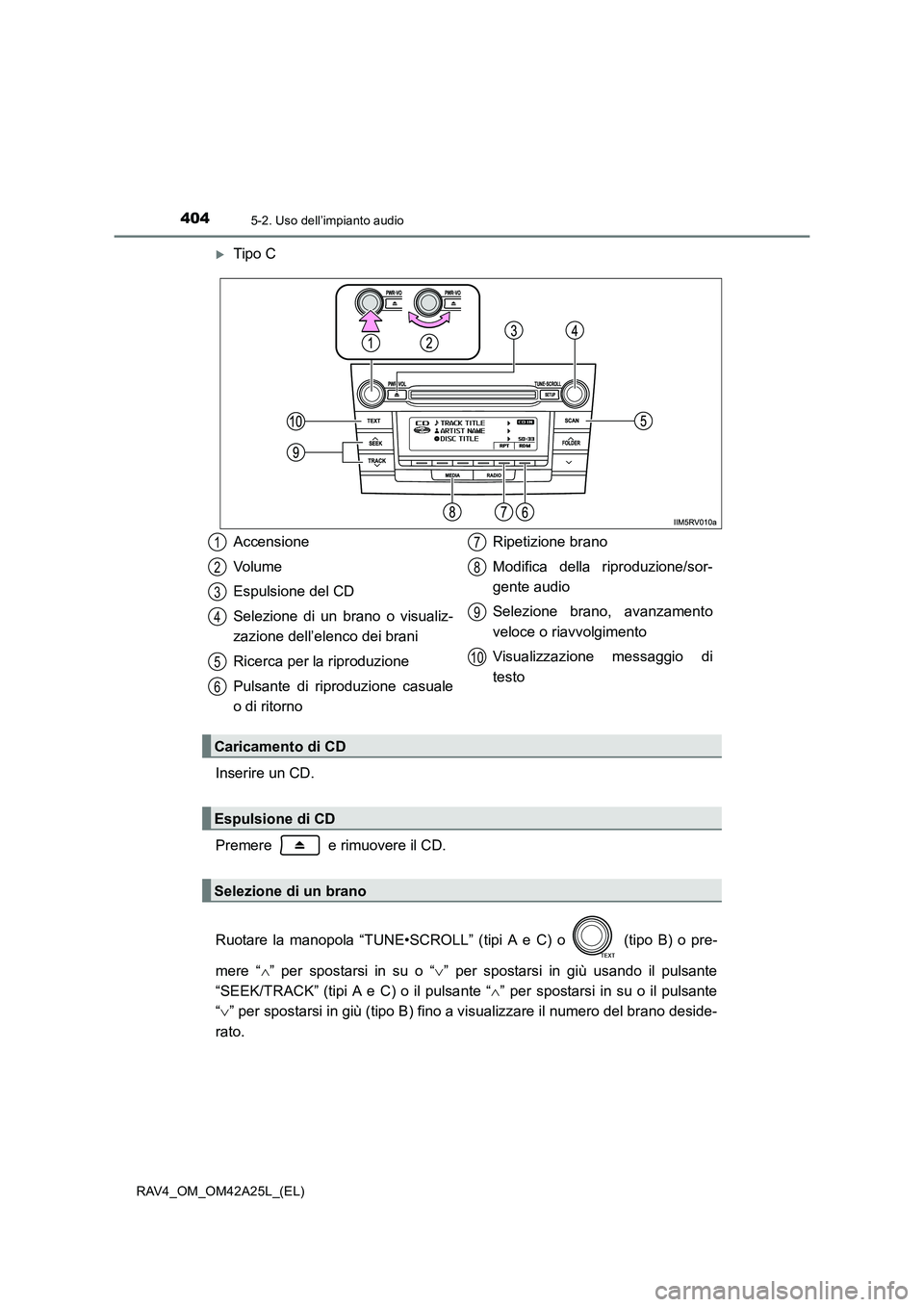 TOYOTA RAV4 2014  Manuale duso (in Italian) 4045-2. Uso dell’impianto audio
RAV4_OM_OM42A25L_(EL)
�XTipo C
Inserire un CD.
Premere   e rimuovere il CD.
Ruotare la manopola “TUNE•SCROLL” (t ipi A e C) o   (tipo B) o pre-
mere “ ∧” 