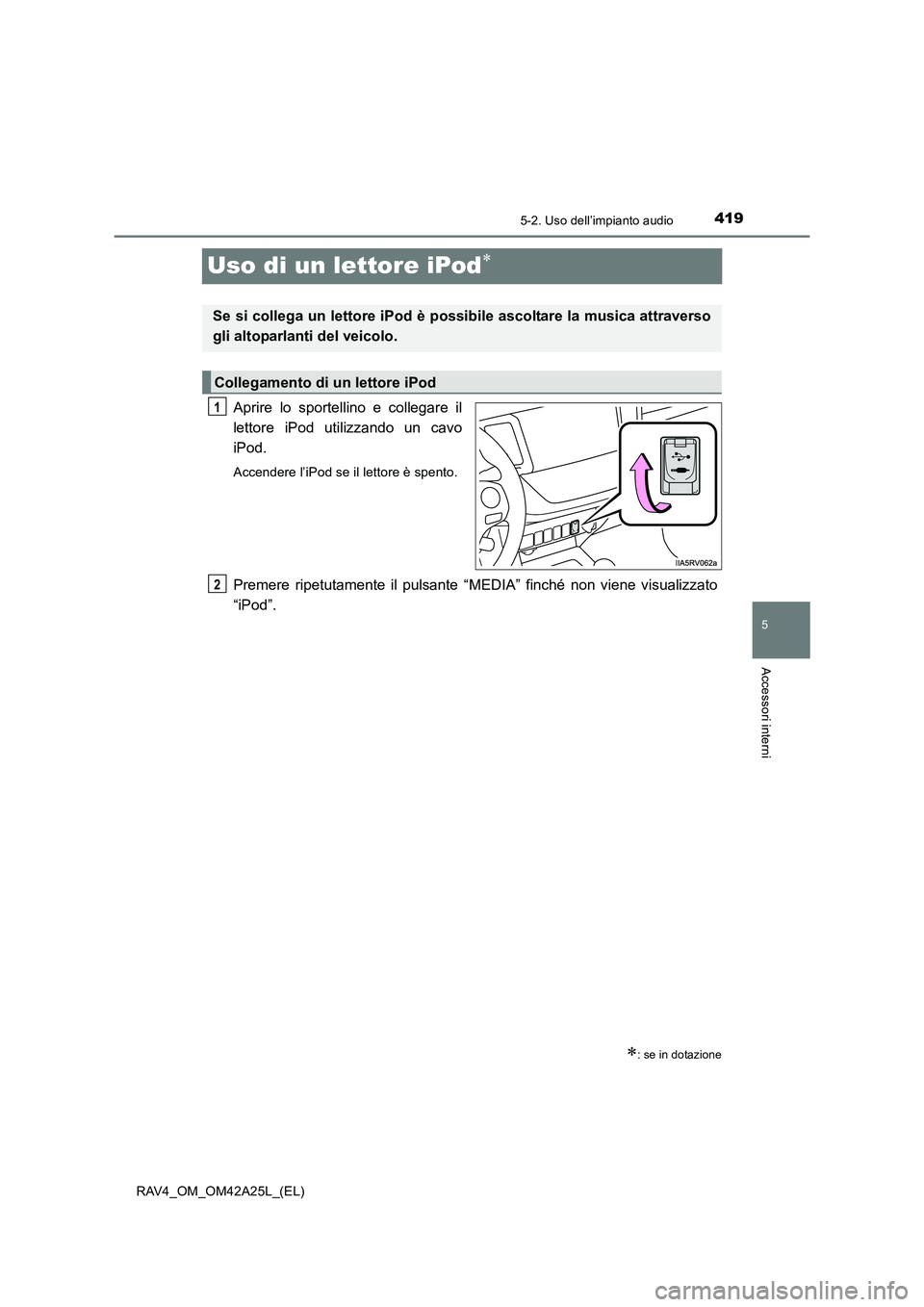 TOYOTA RAV4 2014  Manuale duso (in Italian) 419
5
5-2. Uso dell’impianto audio
Accessori interni
RAV4_OM_OM42A25L_(EL)
Uso di un lettore iPod∗
Aprire lo sportellino e collegare il
lettore iPod utilizzando un cavo
iPod.
Accendere l’iPod se