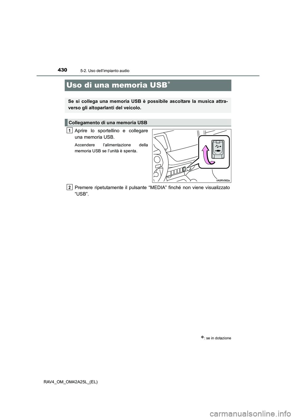 TOYOTA RAV4 2014  Manuale duso (in Italian) 4305-2. Uso dell’impianto audio
RAV4_OM_OM42A25L_(EL)
Uso di una memoria USB∗
Aprire lo sportellino e collegare
una memoria USB.
Accendere l’alimentazione della
memoria USB se l’unità è spen