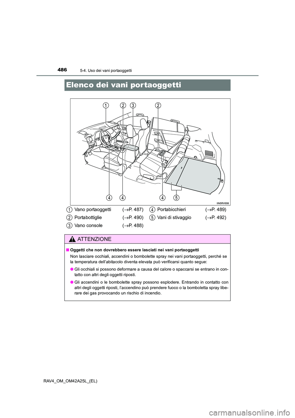 TOYOTA RAV4 2014  Manuale duso (in Italian) 4865-4. Uso dei vani portaoggetti
RAV4_OM_OM42A25L_(EL)
Elenco dei vani portaoggetti
Vano portaoggetti  (→P. 487)
Portabottiglie ( →P. 490)
Vano console  ( →P. 488) Portabicchieri (
→P. 489)
V