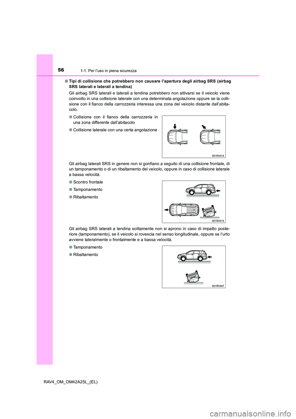 TOYOTA RAV4 2014 Manuale duso (in Italian) 561-1. Per l’uso in piena sicurezza
RAV4_OM_OM42A25L_(EL)■
Tipi di collisione che potrebbero non causare l’apertura degli airbag SRS (airbag
SRS laterali e laterali a tendina)
Gli airbag SRS lat TOYOTA RAV4 2014 Manuale duso (in Italian) 561-1. Per l’uso in piena sicurezza
RAV4_OM_OM42A25L_(EL)■
Tipi di collisione che potrebbero non causare l’apertura degli airbag SRS (airbag
SRS laterali e laterali a tendina)
Gli airbag SRS lat