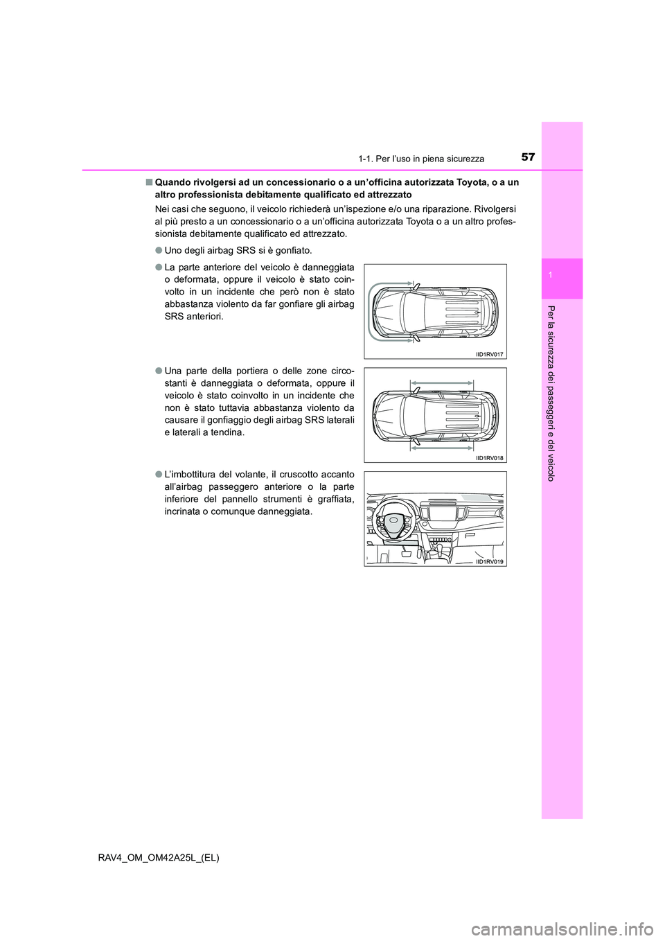 TOYOTA RAV4 2014 Manuale duso (in Italian) 571-1. Per l’uso in piena sicurezza
1
RAV4_OM_OM42A25L_(EL)
Per la sicurezza dei passeggeri e del veicolo
■Quando rivolgersi ad un concessionario o a un’officina autorizzata Toyota, o a un
altro TOYOTA RAV4 2014 Manuale duso (in Italian) 571-1. Per l’uso in piena sicurezza
1
RAV4_OM_OM42A25L_(EL)
Per la sicurezza dei passeggeri e del veicolo
■Quando rivolgersi ad un concessionario o a un’officina autorizzata Toyota, o a un
altro