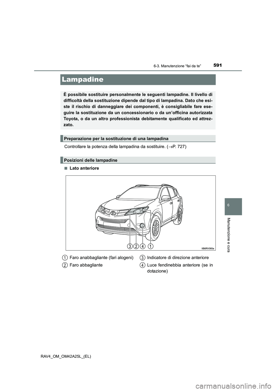 TOYOTA RAV4 2014  Manuale duso (in Italian) 591
6
6-3. Manutenzione “fai da te”
Manutenzione e cura
RAV4_OM_OM42A25L_(EL)
Lampadine
Controllare la potenza della lampadina da sostituire. (→P. 727)
■Lato anteriore
È possibile sostituire 