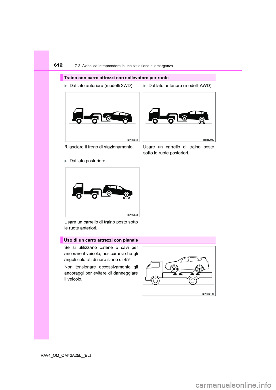 TOYOTA RAV4 2014 Manuale duso (in Italian) 6127-2. Azioni da intraprendere in una situazione di emergenza
RAV4_OM_OM42A25L_(EL)
Se si utilizzano catene o cavi per
ancorare il veicolo, assicurarsi che gli
angoli colorati di nero siano di 45°.
TOYOTA RAV4 2014 Manuale duso (in Italian) 6127-2. Azioni da intraprendere in una situazione di emergenza
RAV4_OM_OM42A25L_(EL)
Se si utilizzano catene o cavi per
ancorare il veicolo, assicurarsi che gli
angoli colorati di nero siano di 45°.