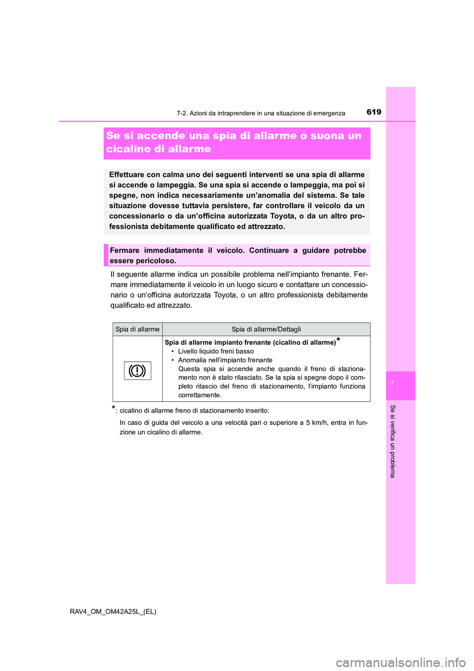 TOYOTA RAV4 2014 Manuale duso (in Italian) 619
7
7-2. Azioni da intraprendere in una situazione di emergenza
Se si verifica un problema
RAV4_OM_OM42A25L_(EL)
Se si accende una spia di allar me o suona un
cicalino di allar me
Il seguente allar TOYOTA RAV4 2014 Manuale duso (in Italian) 619
7
7-2. Azioni da intraprendere in una situazione di emergenza
Se si verifica un problema
RAV4_OM_OM42A25L_(EL)
Se si accende una spia di allar me o suona un
cicalino di allar me
Il seguente allar