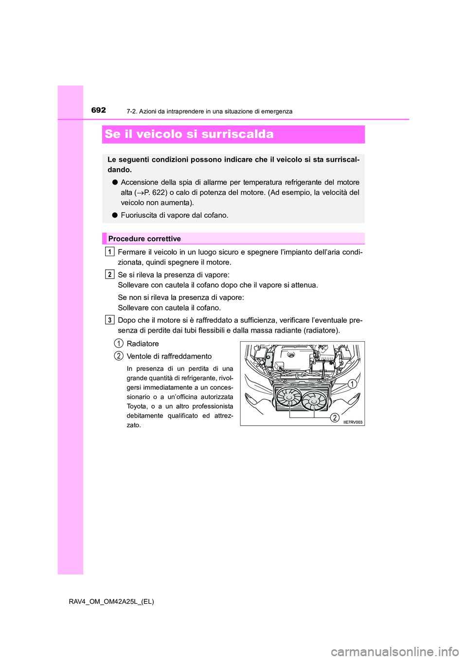 TOYOTA RAV4 2014 Manuale duso (in Italian) 6927-2. Azioni da intraprendere in una situazione di emergenza
RAV4_OM_OM42A25L_(EL)
Se il veicolo si surriscalda
Fermare il veicolo in un luogo sicuro e spegnere l’impianto dell’aria condi-
ziona TOYOTA RAV4 2014 Manuale duso (in Italian) 6927-2. Azioni da intraprendere in una situazione di emergenza
RAV4_OM_OM42A25L_(EL)
Se il veicolo si surriscalda
Fermare il veicolo in un luogo sicuro e spegnere l’impianto dell’aria condi-
ziona