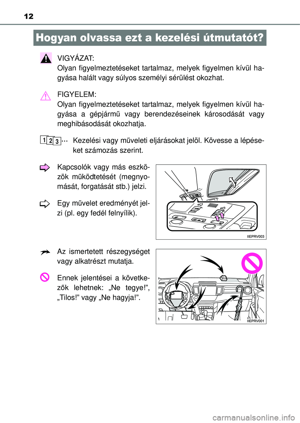 TOYOTA RAV4 2014 Kezelési útmutató (in Hungarian) 12
Hogyan olvassa ezt a kezelési útmutatót?
VIGYÁZAT:
Olyan figyelmeztetéseket tartalmaz, melyek figyelmen kívül ha-
gyása halált vagy súlyos személyi sérülést okozhat.
FIGYELEM:
Olyan TOYOTA RAV4 2014 Kezelési útmutató (in Hungarian) 12
Hogyan olvassa ezt a kezelési útmutatót?
VIGYÁZAT:
Olyan figyelmeztetéseket tartalmaz, melyek figyelmen kívül ha-
gyása halált vagy súlyos személyi sérülést okozhat.
FIGYELEM:
Olyan
