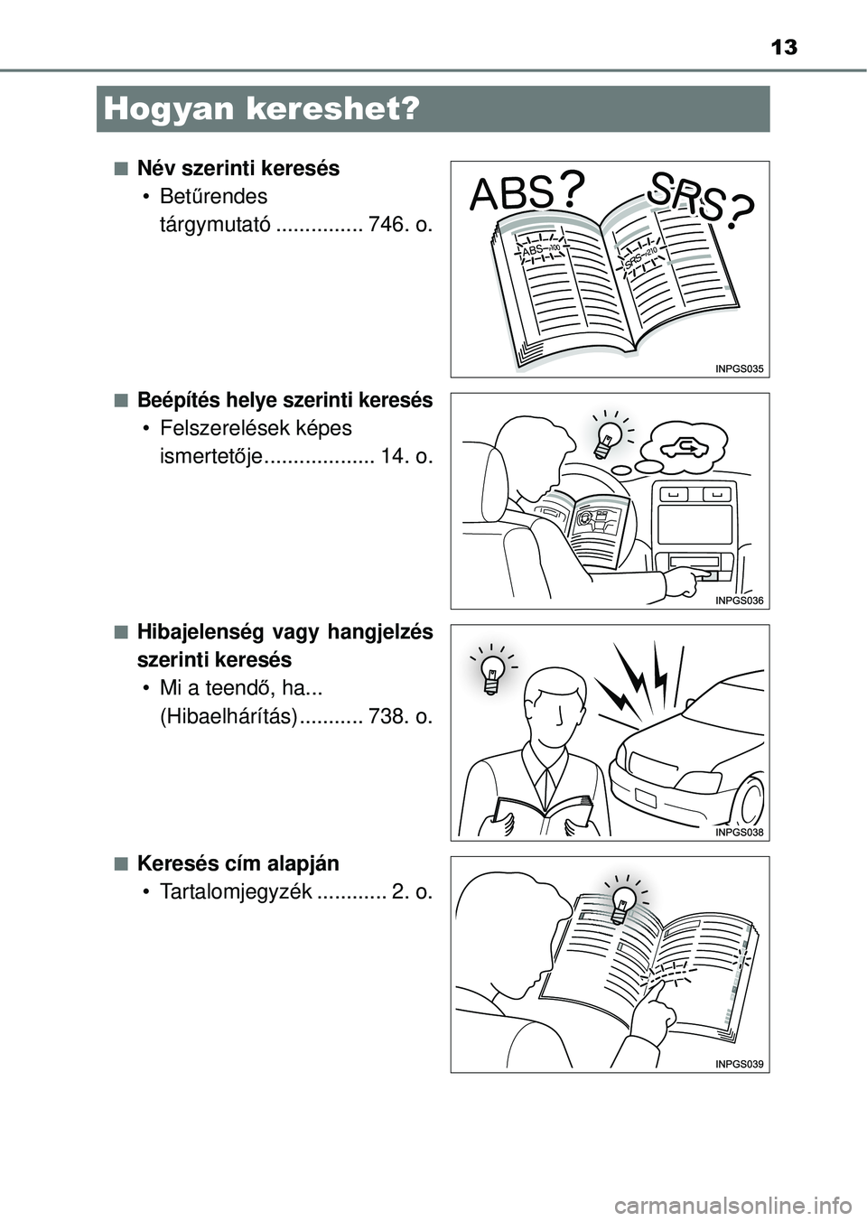TOYOTA RAV4 2014 Kezelési útmutató (in Hungarian) 13
Hogyan kereshet?
nNév szerinti keresés•Bet űrendes
tárgymutató ............... 746. o.
nBeépítés helye szerinti keresés
• Felszerelések képes
ismertet ője................... 14. o TOYOTA RAV4 2014 Kezelési útmutató (in Hungarian) 13
Hogyan kereshet?
nNév szerinti keresés•Bet űrendes
tárgymutató ............... 746. o.
nBeépítés helye szerinti keresés
• Felszerelések képes
ismertet ője................... 14. o