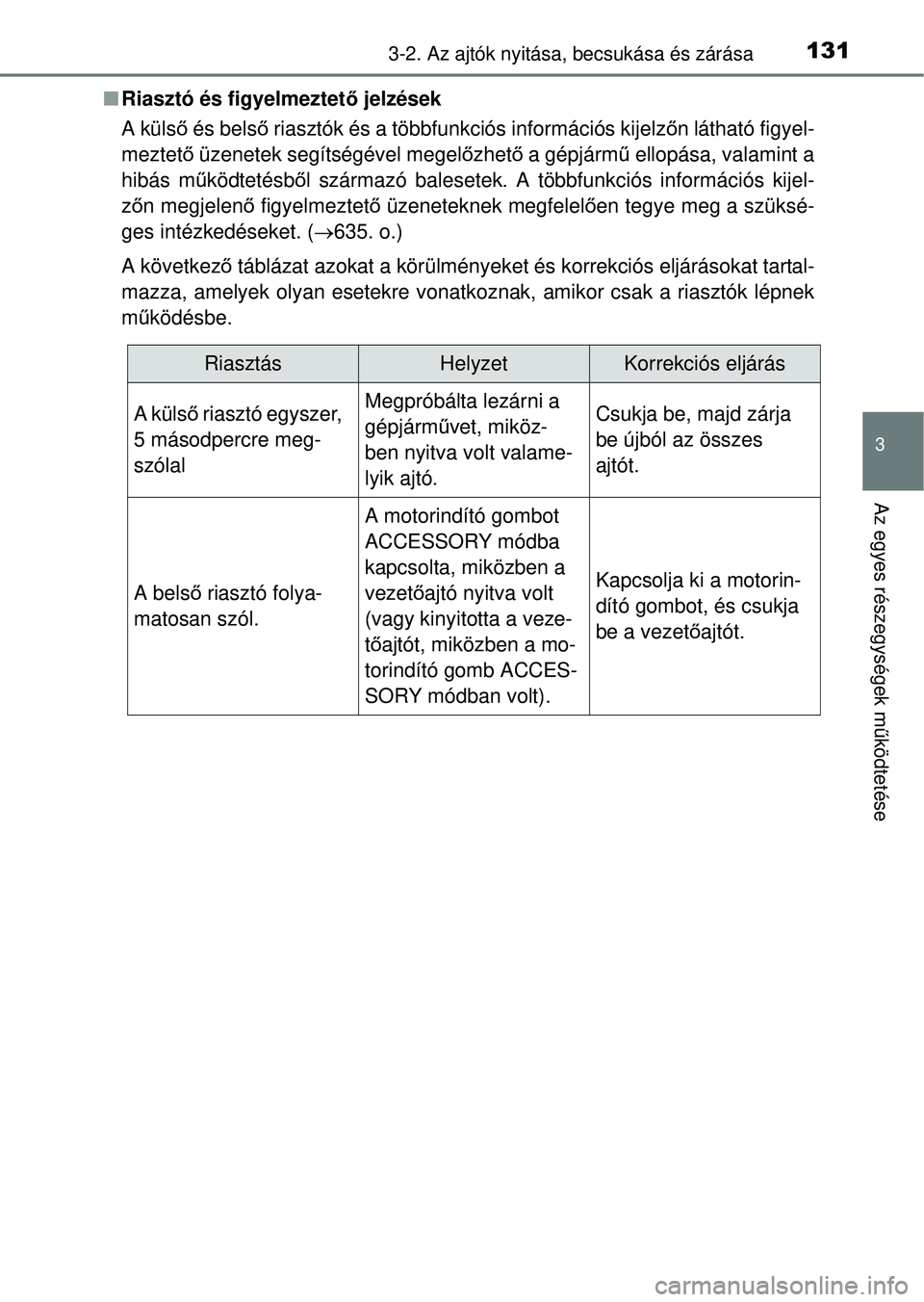 TOYOTA RAV4 2014  Kezelési útmutató (in Hungarian) 1313-2. Az ajtók nyitása, becsukása és zárása
3
Az egyes részegységek működtetése
n Riasztó és figyelmeztet ő jelzések
A küls ő és bels ő riasztók és a többfunkciós információ