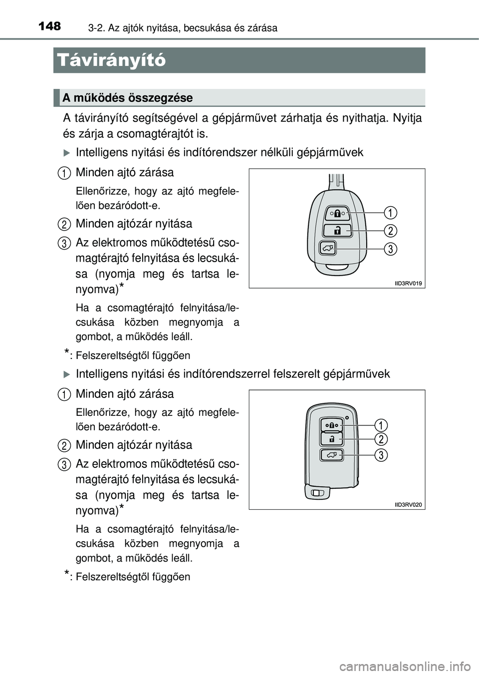TOYOTA RAV4 2014  Kezelési útmutató (in Hungarian) 1483-2. Az ajtók nyitása, becsukása és zárása
Távirányító
A távirányító segítségével a gépjárm űvet zárhatja és nyithatja. Nyitja
és zárja a csomagtérajtót is.
Intelligens