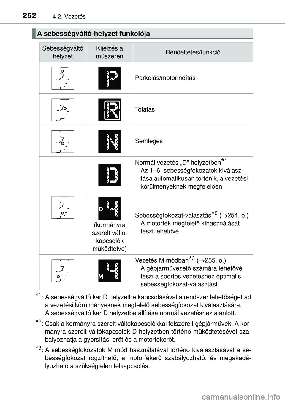 TOYOTA RAV4 2014  Kezelési útmutató (in Hungarian) 2524-2. Vezetés
*1: A sebességváltó kar D helyzetbe kapcsolásával a rendszer lehetőséget ad
a vezetési körülményeknek megfelel ő sebességfokozat kiválasztására.
A sebességváltó kar
