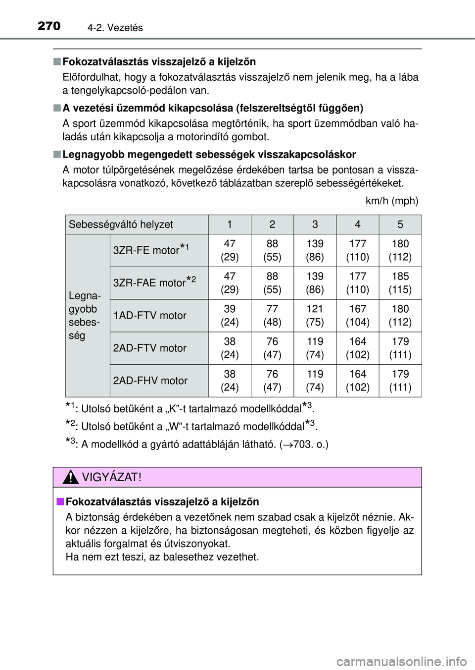 TOYOTA RAV4 2014  Kezelési útmutató (in Hungarian) 2704-2. Vezetés
nFokozatválasztás visszajelző  a kijelzőn
El őfordulhat, hogy a fokozatválasztás visszajelz ő nem jelenik meg, ha a lába
a tengelykapcsoló-pedálon van.
n A vezetési üzemm