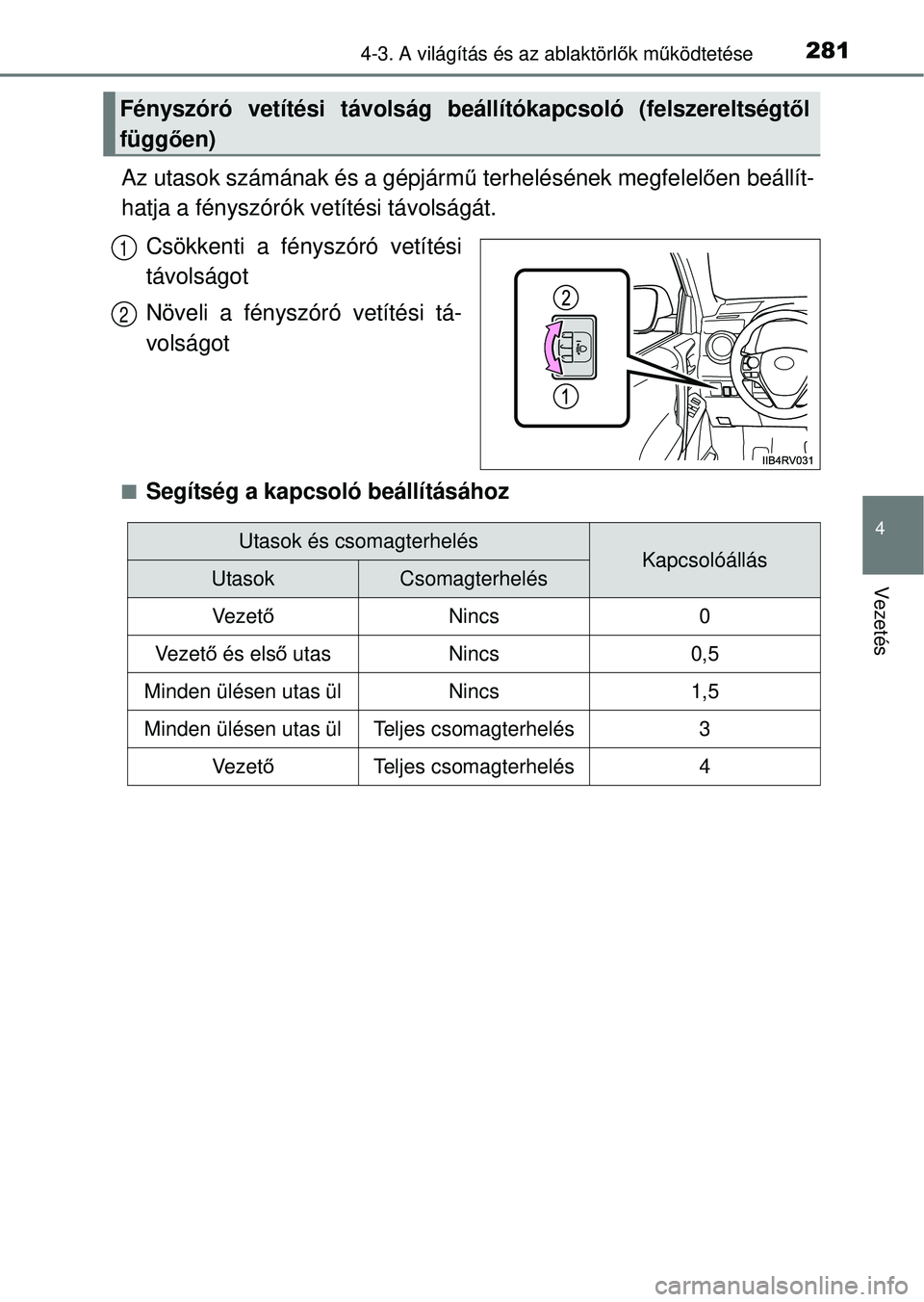 TOYOTA RAV4 2014  Kezelési útmutató (in Hungarian) 2814-3. A világítás és az ablaktörlők mű ködtetése
4
Vezetés
Az utasok számának és a gépjárm ű terhelésének megfelel ően beállít-
hatja a fényszórók  vetítési távolságát.
