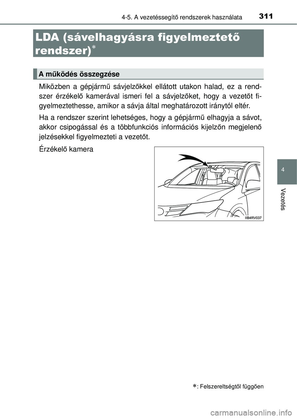 TOYOTA RAV4 2014  Kezelési útmutató (in Hungarian) 311
4
4-5. A vezetéssegítő rendszerek használata
Vezetés
LDA (sávelhagyásra figyelmeztet ő 
rendszer)

Miközben a gépjárm ű sávjelz őkkel ellátott utakon halad, ez a rend-
szer érz