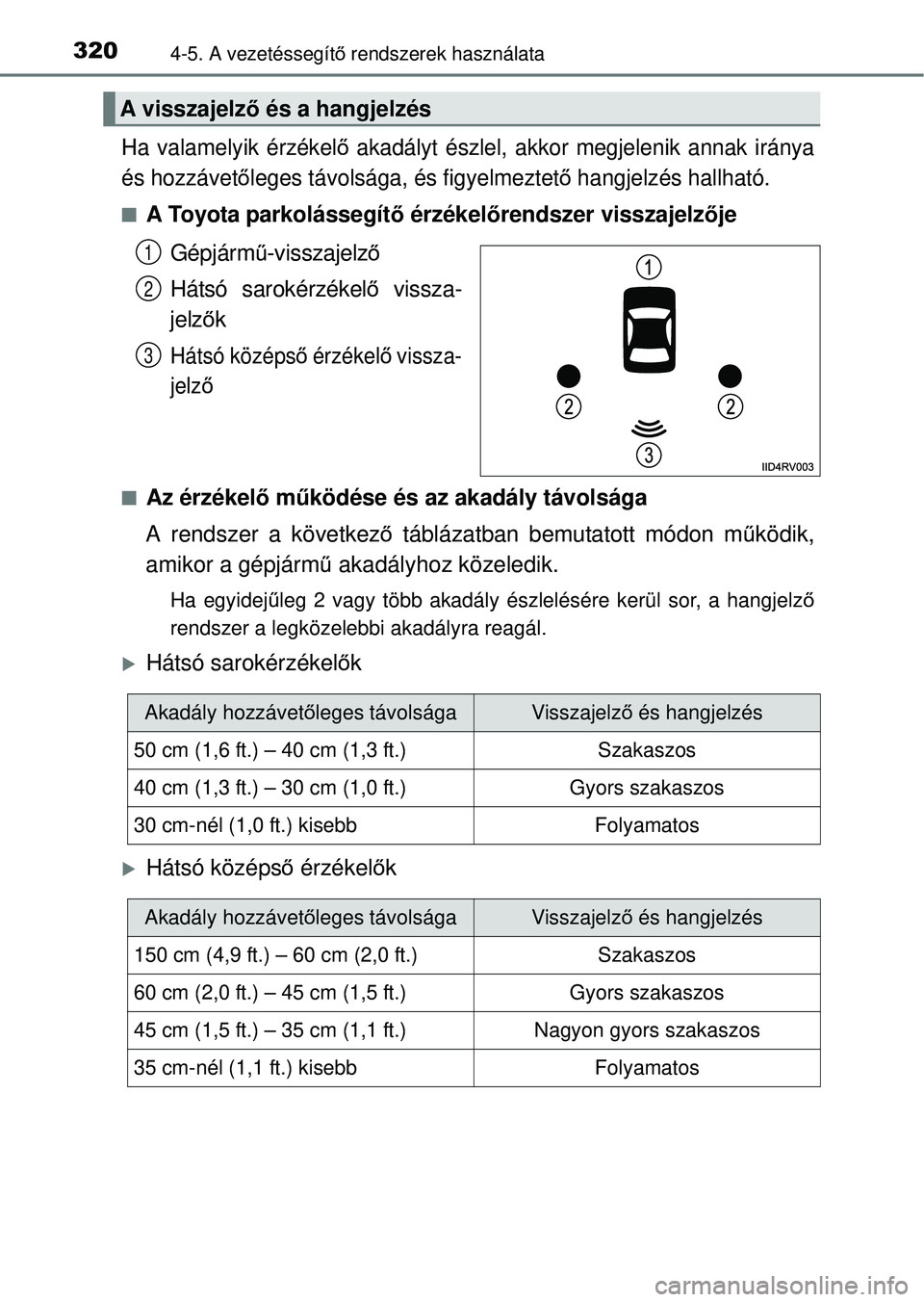 TOYOTA RAV4 2014  Kezelési útmutató (in Hungarian) 3204-5. A vezetéssegítő rendszerek használata
Ha valamelyik érzékel ő akadályt észlel, akkor megjelenik annak iránya
és hozzávet őleges távolsága, és figyelmeztet ő hangjelzés hallha