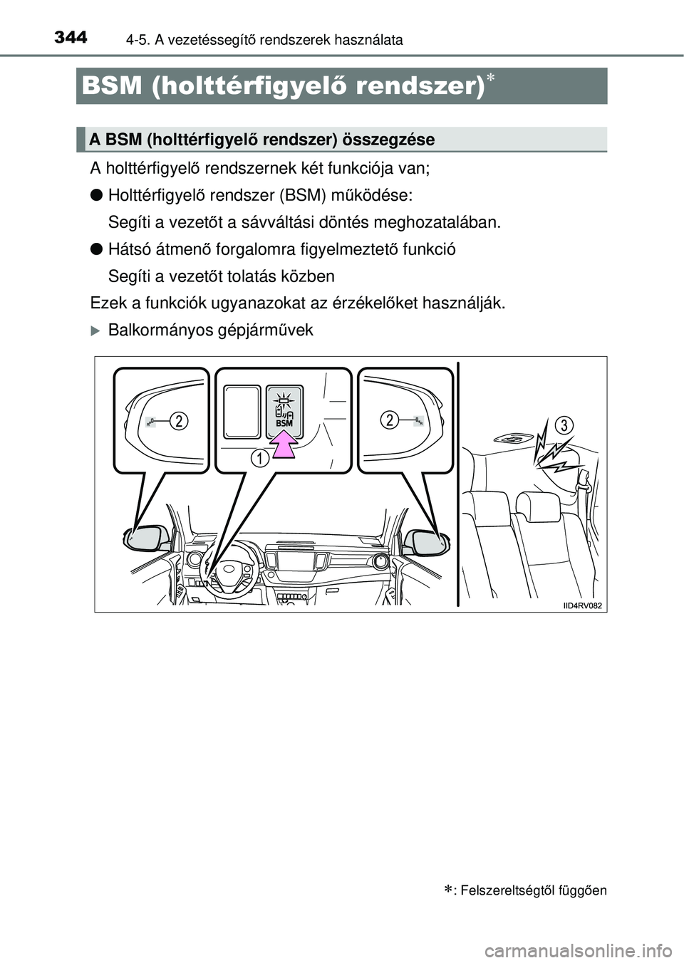 TOYOTA RAV4 2014  Kezelési útmutató (in Hungarian) 3444-5. A vezetéssegítő rendszerek használata
BSM (holttérfigyel ő rendszer)
A holttérfigyel ő rendszernek két funkciója van;
l Holttérfigyel ő rendszer (BSM) m űködése:
Segíti a ve