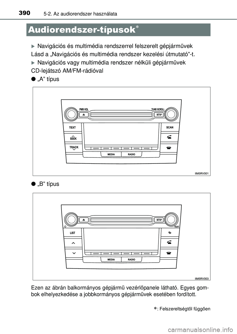 TOYOTA RAV4 2014 Kezelési útmutató (in Hungarian) 3905-2. Az audiorendszer használata
Audiorendszer-típusok
Navigációs és multimédia rendszerrel felszerelt gépjárművek
Lásd a „Navigációs és multimédia rendszer kezelési útmutat TOYOTA RAV4 2014 Kezelési útmutató (in Hungarian) 3905-2. Az audiorendszer használata
Audiorendszer-típusok
Navigációs és multimédia rendszerrel felszerelt gépjárművek
Lásd a „Navigációs és multimédia rendszer kezelési útmutat