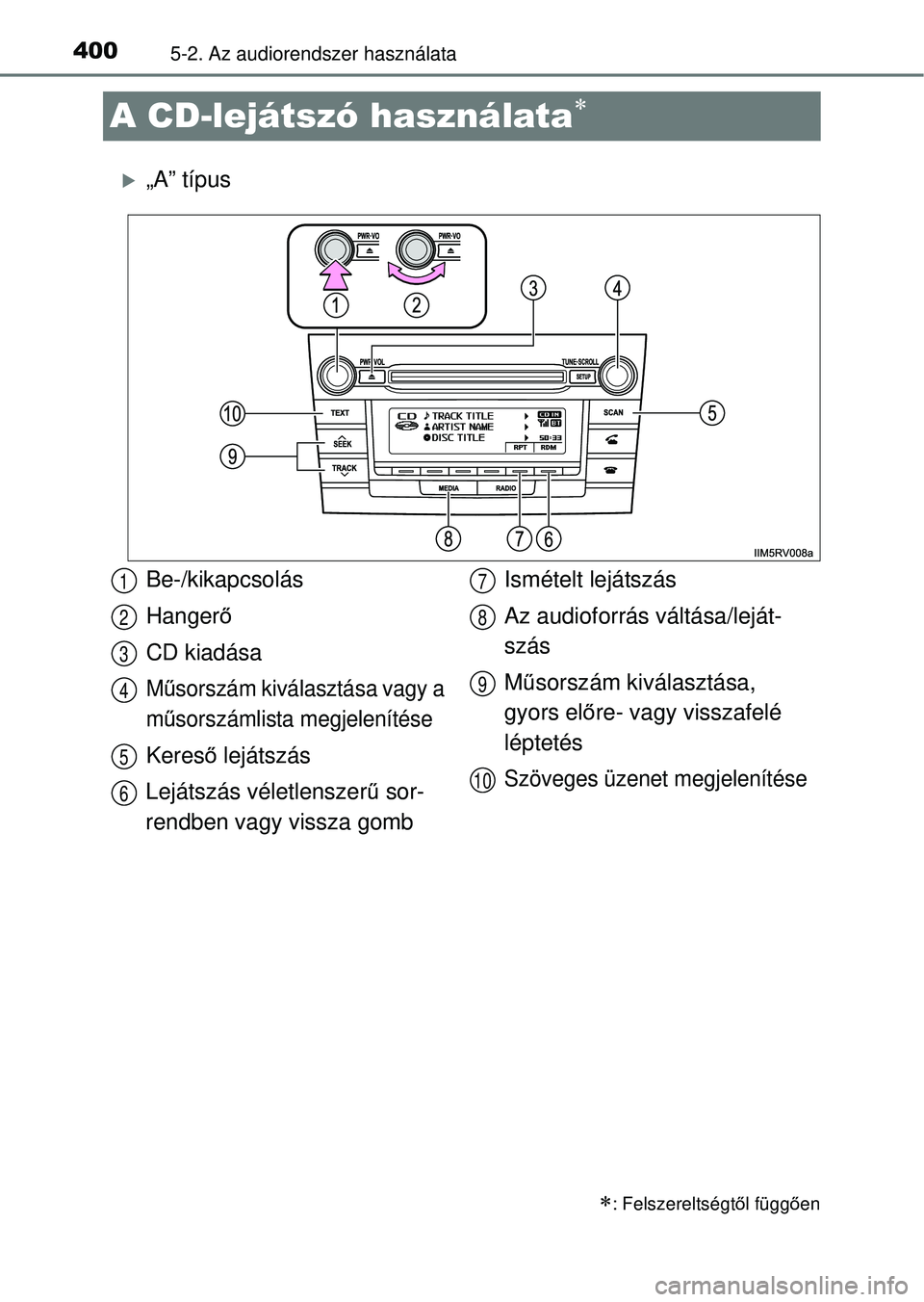 TOYOTA RAV4 2014  Kezelési útmutató (in Hungarian) 4005-2. Az audiorendszer használata
A CD-lejátszó használata
„A” típus
: Felszereltségtől függ ően
Be-/kikapcsolás
Hanger ő
CD kiadása
M űsorszám kiválasztása vagy a 
m ű