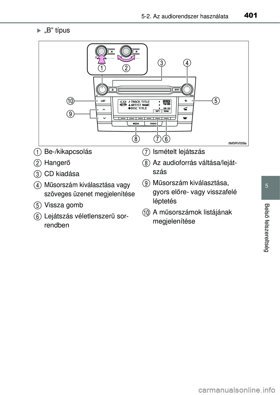 TOYOTA RAV4 2014  Kezelési útmutató (in Hungarian) 4015-2. Az audiorendszer használata
5
Belső felszereltség
„B” típus
Be-/kikapcsolás
Hanger ő
CD kiadása
M űsorszám kiválasztása vagy 
szöveges üzenet megjelenítése
Vissza gomb
Le