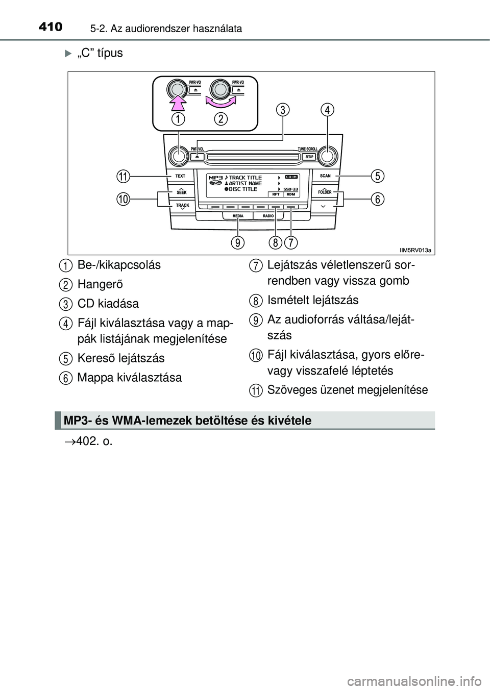 TOYOTA RAV4 2014  Kezelési útmutató (in Hungarian) 4105-2. Az audiorendszer használata
„C” típus
 402. o.
Be-/kikapcsolás
Hanger ő
CD kiadása
Fájl kiválasztása vagy a map-
pák listájának megjelenítése
Keres ő lejátszás
Mappa 