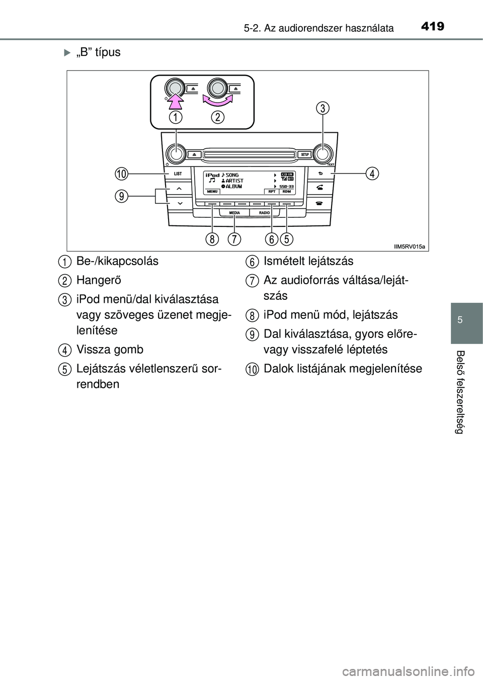 TOYOTA RAV4 2014  Kezelési útmutató (in Hungarian) 4195-2. Az audiorendszer használata
5
Belső felszereltség
„B” típus
Be-/kikapcsolás
Hanger ő
iPod menü/dal kiválasztása 
vagy szöveges üzenet megje-
lenítése
Vissza gomb
Lejátszá