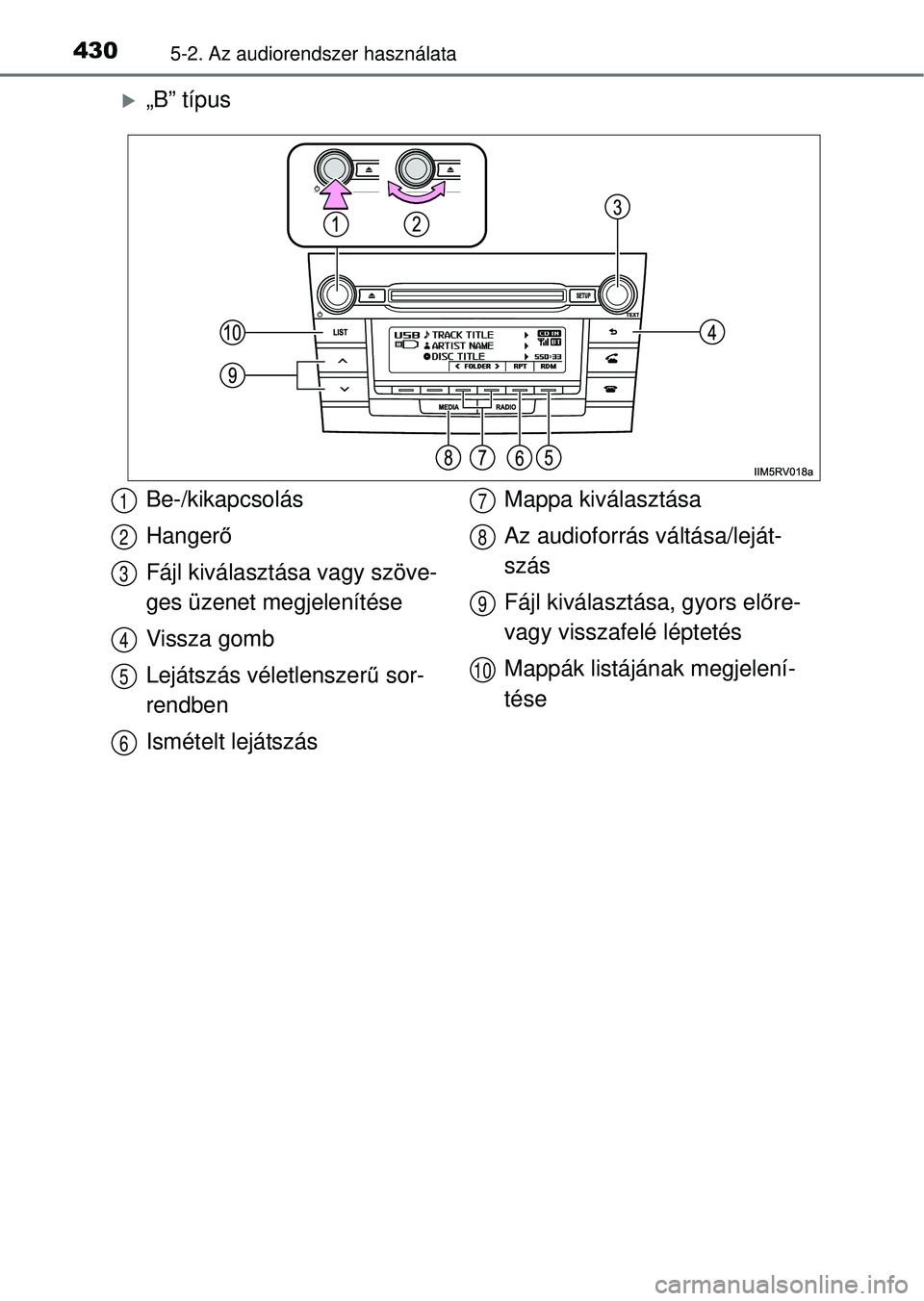 TOYOTA RAV4 2014  Kezelési útmutató (in Hungarian) 4305-2. Az audiorendszer használata
„B” típus
Be-/kikapcsolás
Hangerő
Fájl kiválasztása vagy szöve-
ges üzenet megjelenítése
Vissza gomb
Lejátszás véletlenszer ű sor-
rendben
Ism