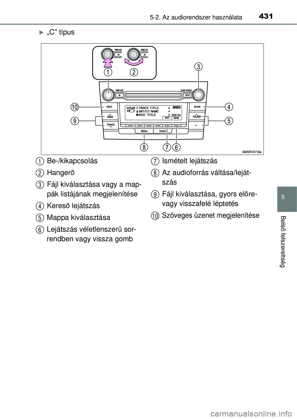 TOYOTA RAV4 2014  Kezelési útmutató (in Hungarian) 4315-2. Az audiorendszer használata
5
Belső felszereltség
„C” típus
Be-/kikapcsolás
Hanger ő
Fájl kiválasztása vagy a map-
pák listájának megjelenítése
Keres ő lejátszás
Mappa 