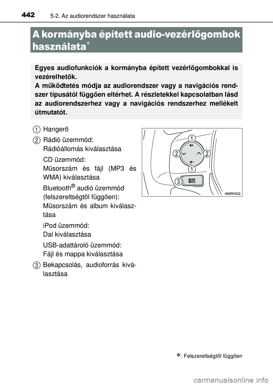 TOYOTA RAV4 2014  Kezelési útmutató (in Hungarian) 4425-2. Az audiorendszer használata
A kormányba épített audio-vezérlőgombok 
használata

Hanger ő
Rádió üzemmód:
Rádióállomás kiválasztása
CD üzemmód:
M űsorszám és fájl (MP