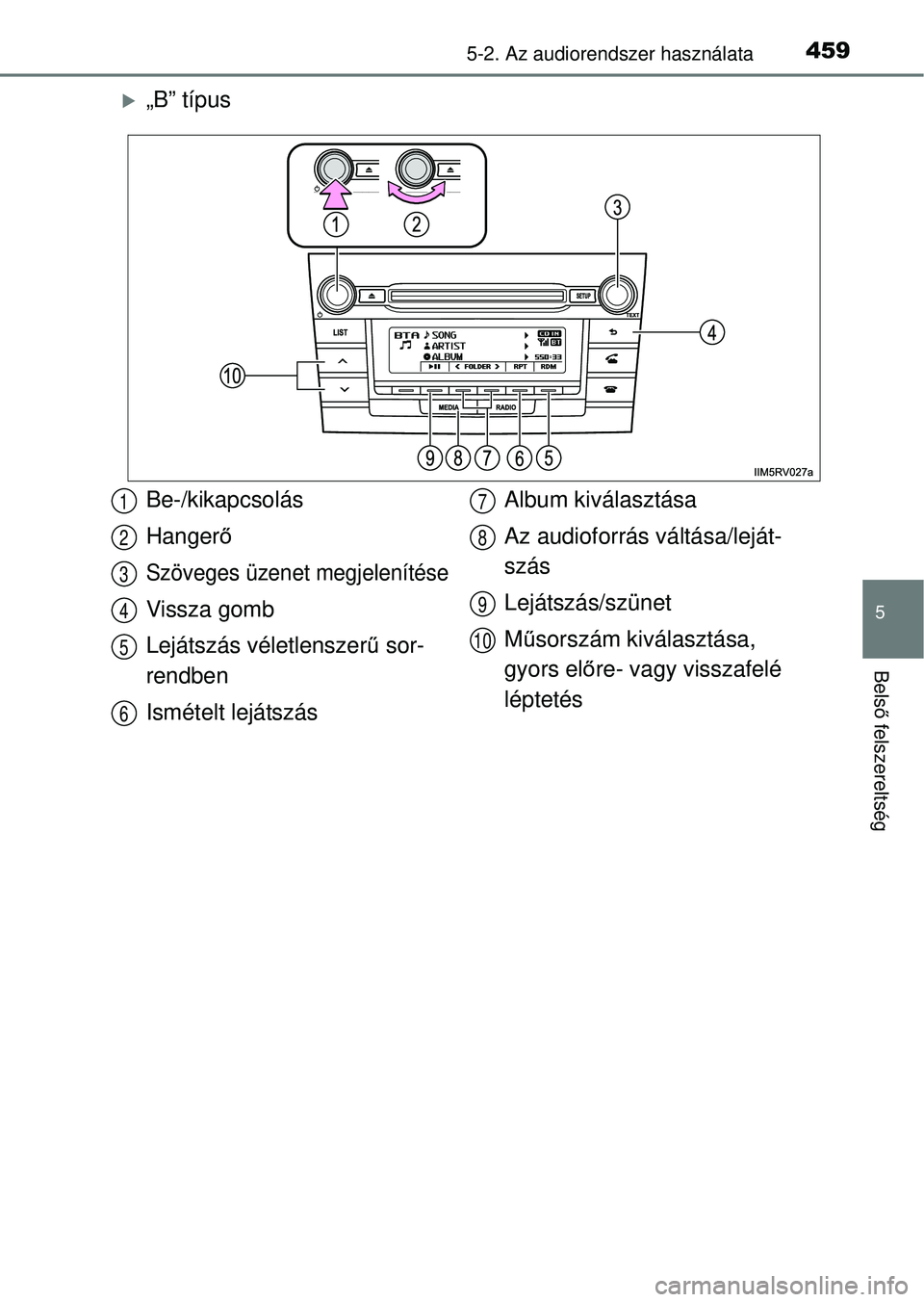 TOYOTA RAV4 2014  Kezelési útmutató (in Hungarian) 4595-2. Az audiorendszer használata
5
Belső felszereltség
„B” típus
Be-/kikapcsolás
Hanger ő
Szöveges üzenet megjelenítése
Vissza gomb
Lejátszás véletlenszer ű sor-
rendben
Ismét