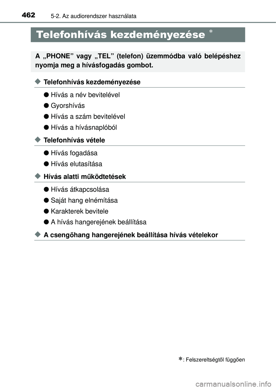 TOYOTA RAV4 2014  Kezelési útmutató (in Hungarian) 4625-2. Az audiorendszer használata
 Telefonhívás kezdeményezése 
uTelefonhívás kezdeményezése
lHívás a név bevitelével
l Gyorshívás
l Hívás a szám bevitelével
l Hívás a hívá