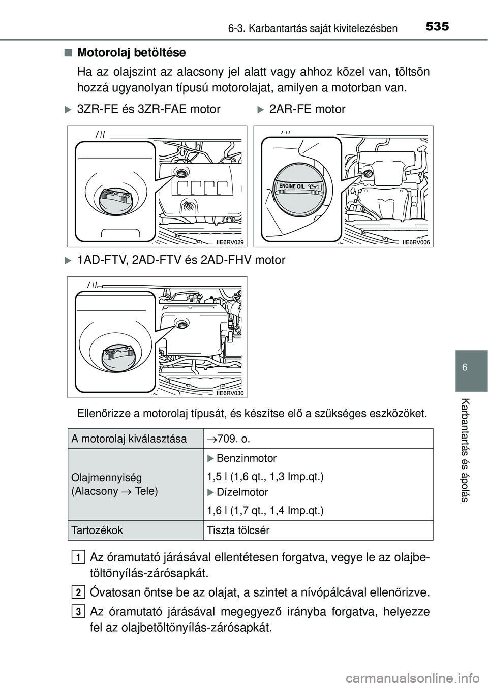 TOYOTA RAV4 2014  Kezelési útmutató (in Hungarian) 5356-3. Karbantartás saját kivitelezésben
6
Karbantartás és ápolás
nMotorolaj betöltése
Ha az olajszint az alacsony jel alatt vagy ahhoz közel van, töltsön
hozzá ugyanolyan típusú motor