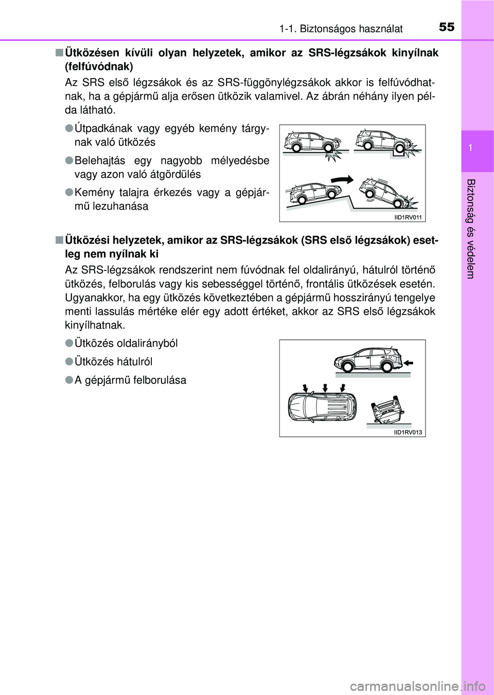 TOYOTA RAV4 2014 Kezelési útmutató (in Hungarian) 551-1. Biztonságos használat
1
Biztonság és védelem
nÜtközésen kívüli olyan helyzetek, amikor az SRS-légzsákok kinyílnak
(felfúvódnak)
Az SRS els ő légzsákok és az SRS-függönyl TOYOTA RAV4 2014 Kezelési útmutató (in Hungarian) 551-1. Biztonságos használat
1
Biztonság és védelem
nÜtközésen kívüli olyan helyzetek, amikor az SRS-légzsákok kinyílnak
(felfúvódnak)
Az SRS els ő légzsákok és az SRS-függönyl