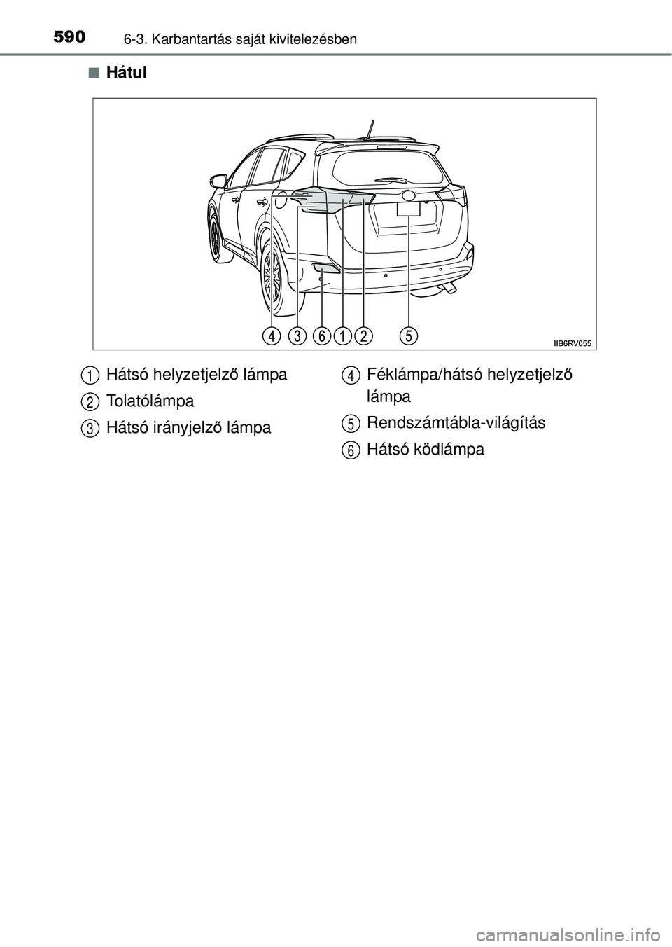 TOYOTA RAV4 2014  Kezelési útmutató (in Hungarian) 5906-3. Karbantartás saját kivitelezésben
nHátul
Hátsó helyzetjelző lámpa
Tolatólámpa
Hátsó irányjelz ő lámpa Féklámpa/hátsó helyzetjelz
ő 
lámpa
Rendszámtábla-világítás
Hát