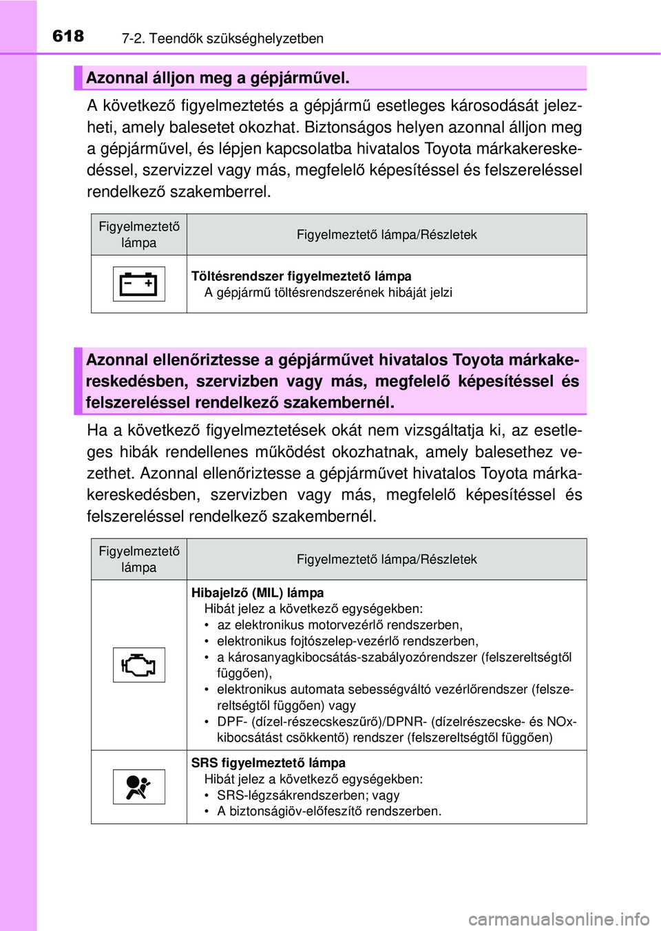 TOYOTA RAV4 2014  Kezelési útmutató (in Hungarian) 6187-2. Teendők szükséghelyzetben
A következ ő figyelmeztetés a gépjárm ű esetleges károsodását jelez-
heti, amely balesetet okozhat. Bizt onságos helyen azonnal álljon meg
a gépjárm 