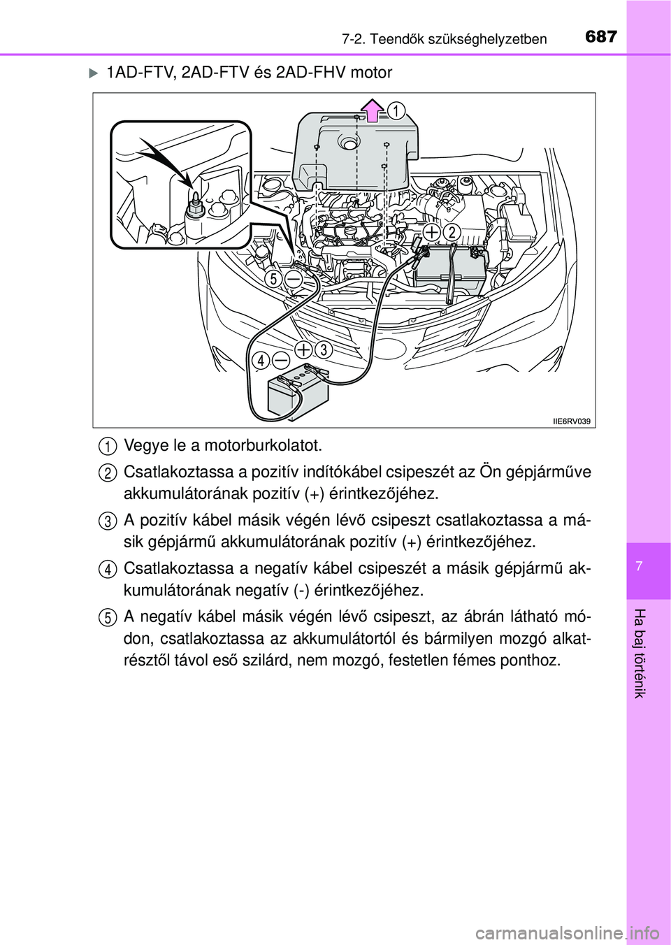 TOYOTA RAV4 2014  Kezelési útmutató (in Hungarian) 6877-2. Teendők szükséghelyzetben
7
Ha baj történik
1AD-FTV, 2AD-FTV és 2AD-FHV motor
Vegye le a motorburkolatot.
Csatlakoztassa a pozitív indítókábel csipeszét az Ön gépjárm űve
akk